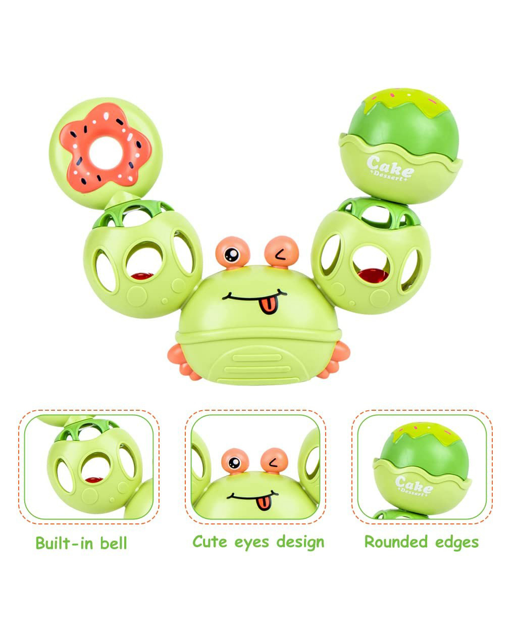 AKN TOYS Rattles for Baby Cartoon Crab Sensory Teething Toys for Babies 360 ° Rotation Rattle Toy BPA-Free Soothing Toy Toddler Activity Toys New Born Baby Toys Gifts for Boys Girls set of 3( Color May Vary)-image-25