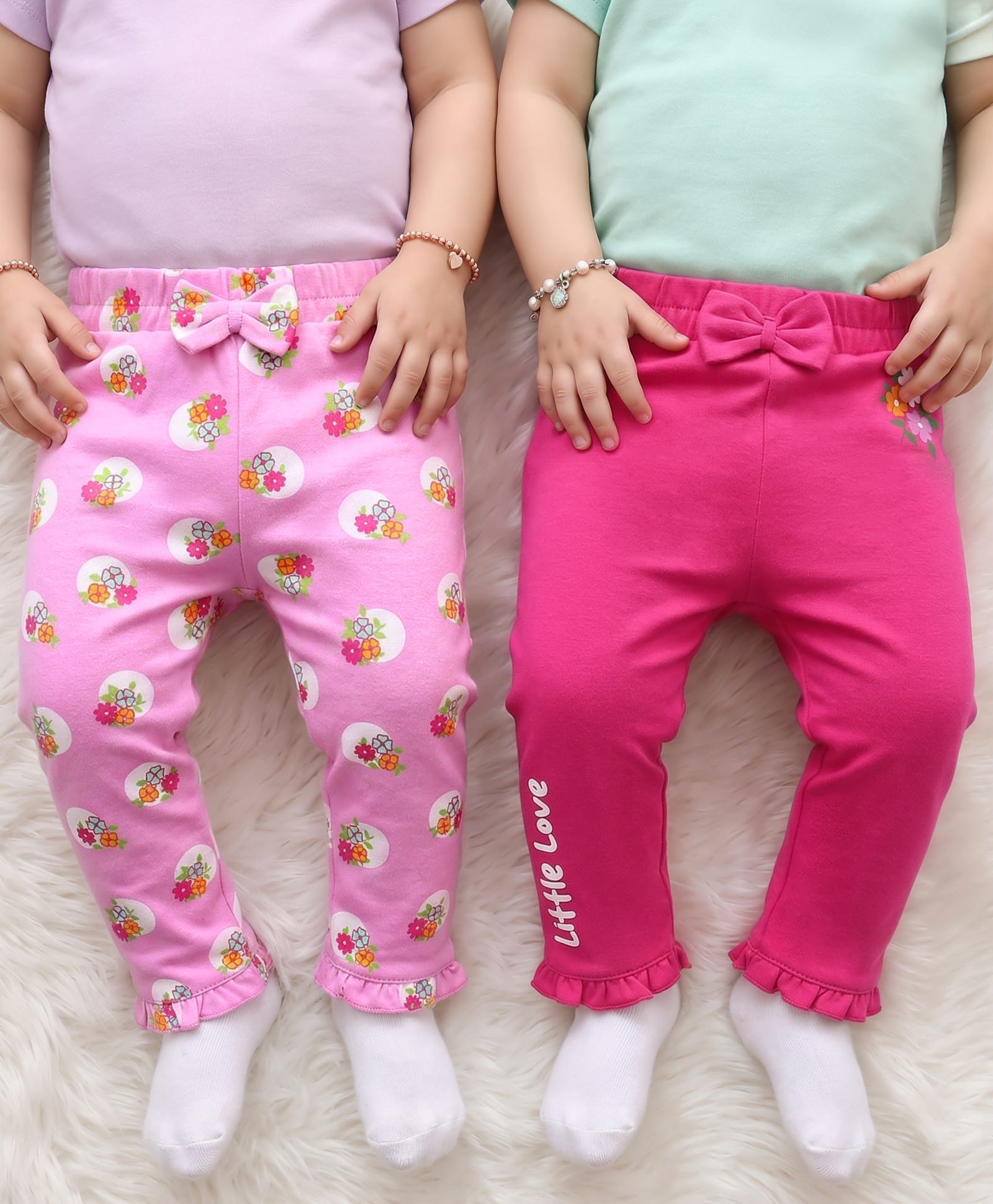 Babyoye 100% Cotton Knit With Eco Jiva Finish Full Length Leggings With Floral Print & Bow Applique Pack of 2 - Dark & Light Pink-image-25