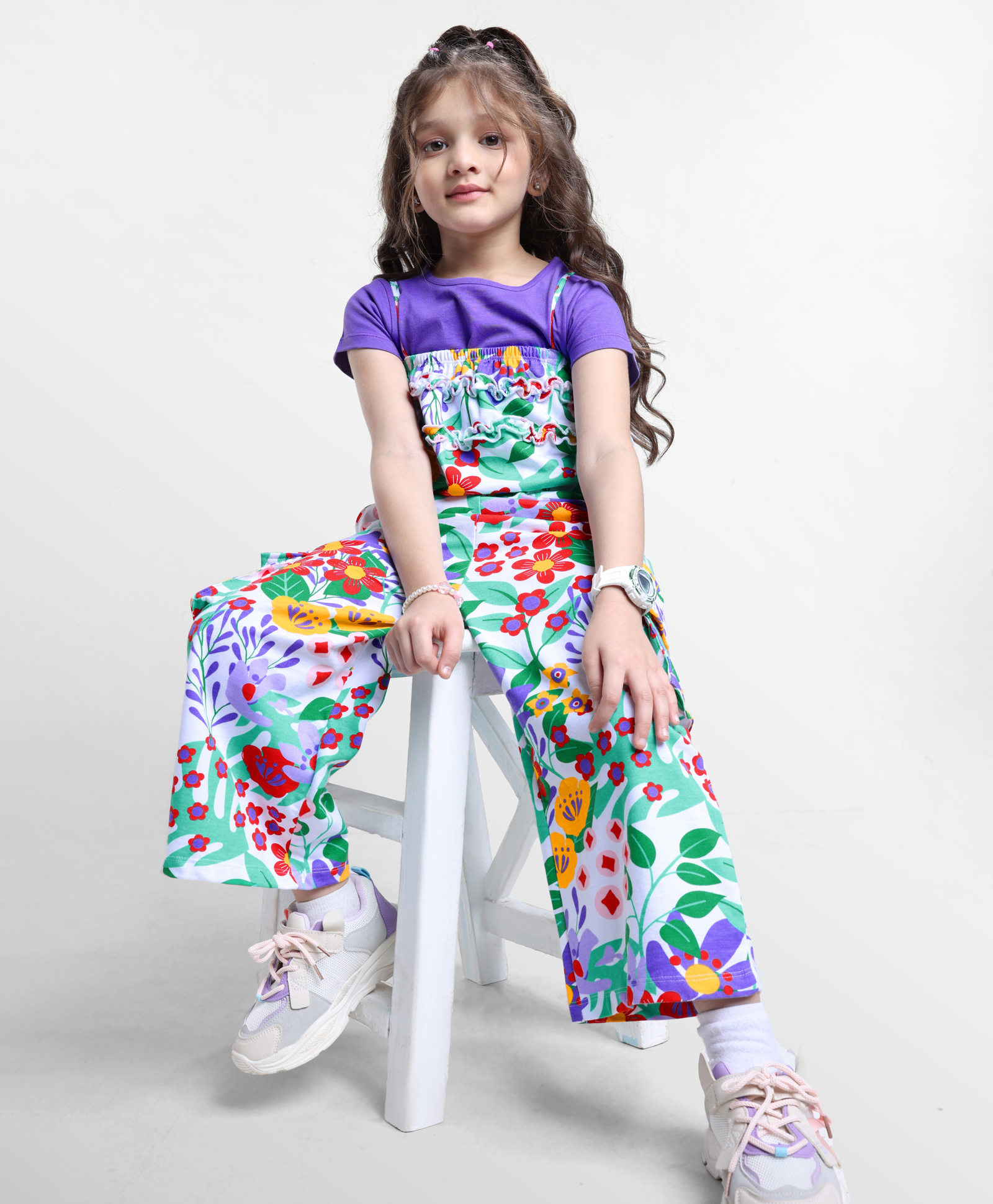 Ollington St. 100% Cotton Floral Printed Dungaree & Half Sleeves Inner Top - Multicolour & Purple-image-21