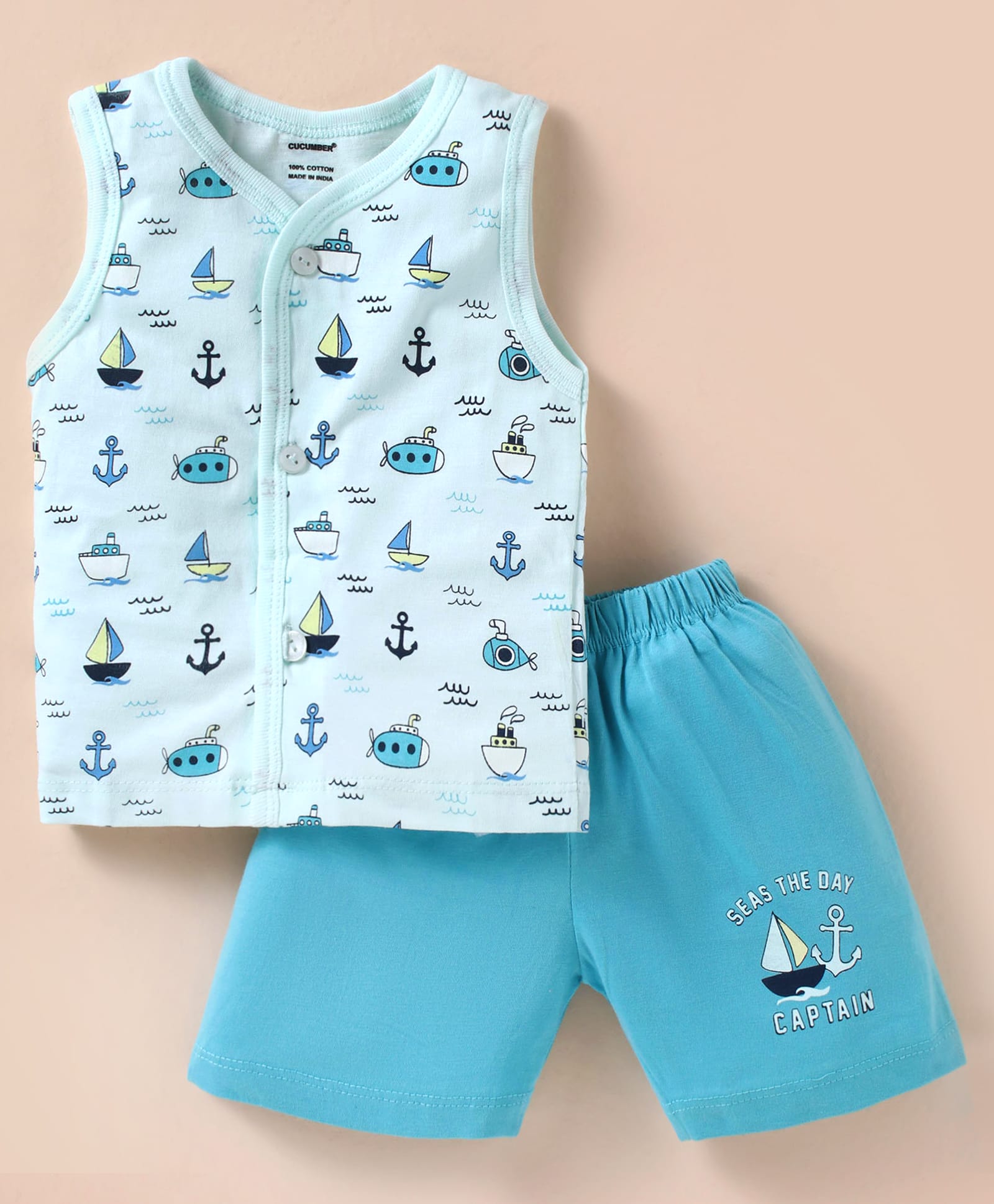 CUCUMBER Sinker Knit Sleeveless Shorts Night Suit with Boat Print - Light Blue-picture-10