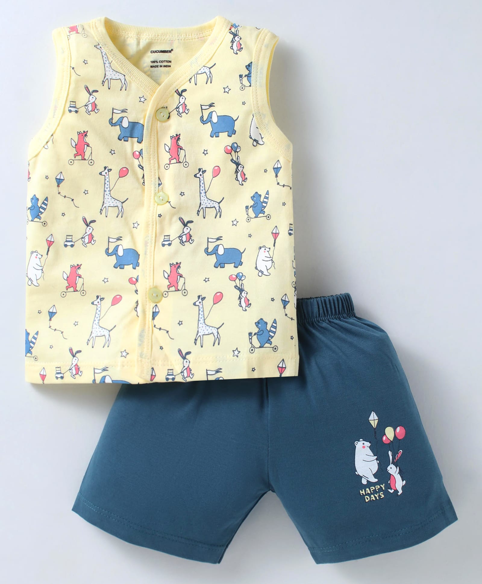 CUCUMBER Sinker Knit Sleeveless Shorts Night Suit with Animal Print - Lemon & Navy Blue-picture-14