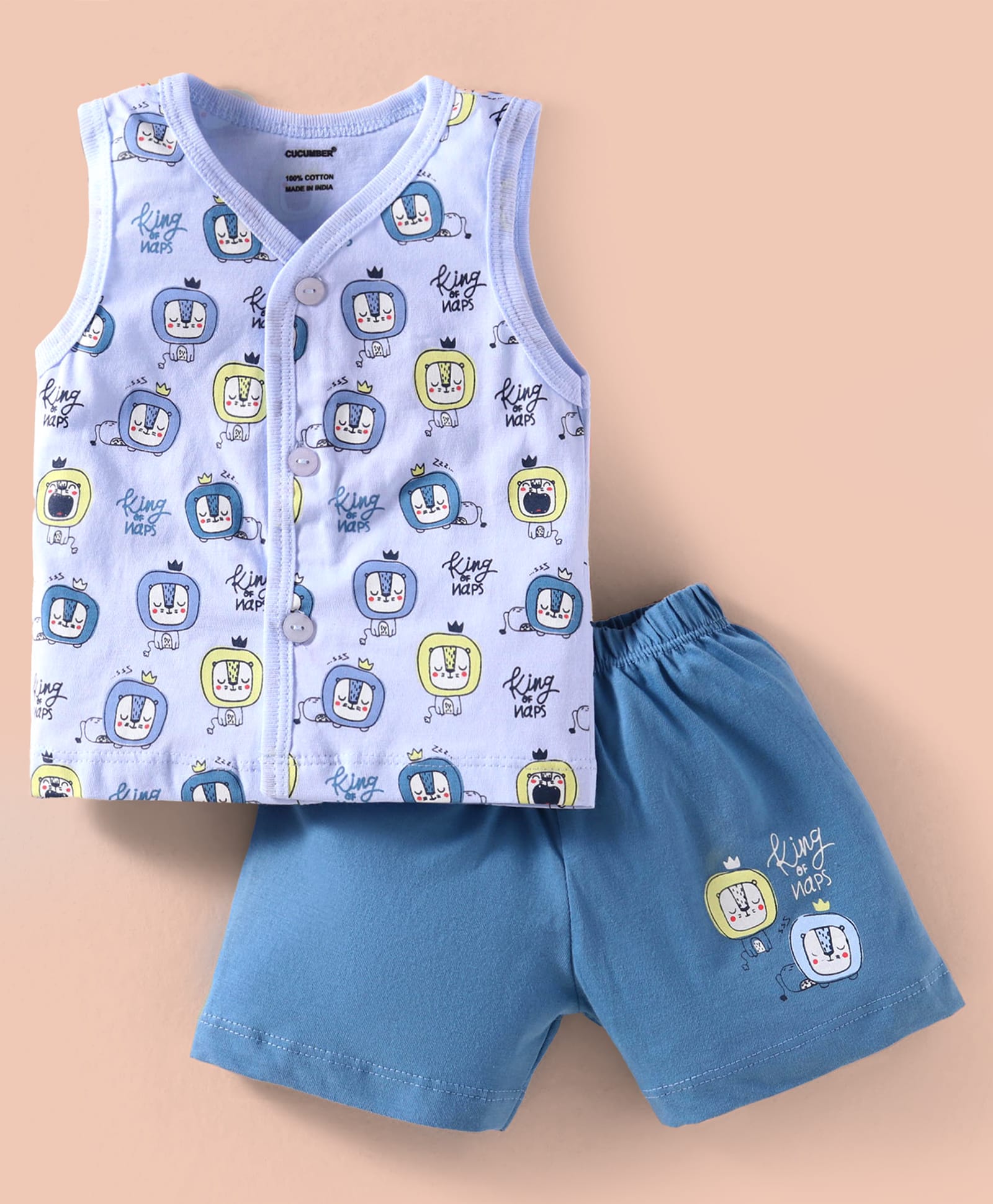 CUCUMBER Sinker Knit Sleeveless Shorts Night Suit with Lion Print - Light Blue-picture-12