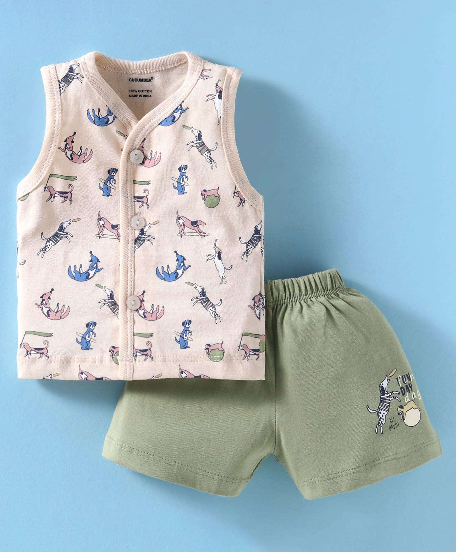 CUCUMBER Sinker Knit Sleeveless Shorts Night Suit with Doggy Print - Cream & Olive Green-picture-31