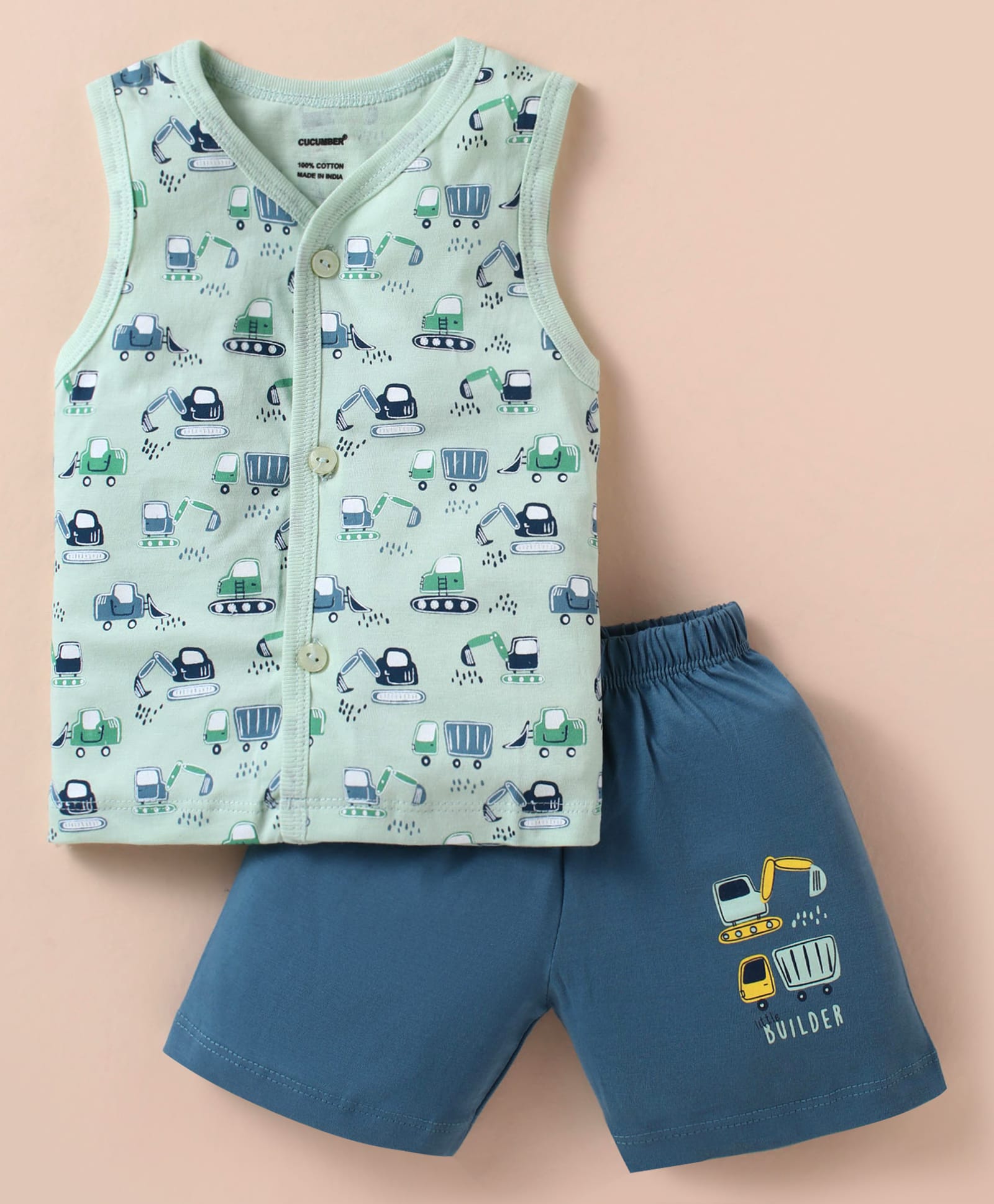 CUCUMBER Sinker Knit Sleeveless Shorts Night Suit with Vehicle Print - Teal Blue-picture-11