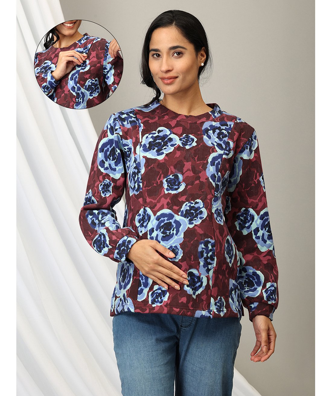 The Mom Store Cotton Full Sleeves Floral Printed Maternity Sweatshirt With Nursing Access - Multi Colour-image-22