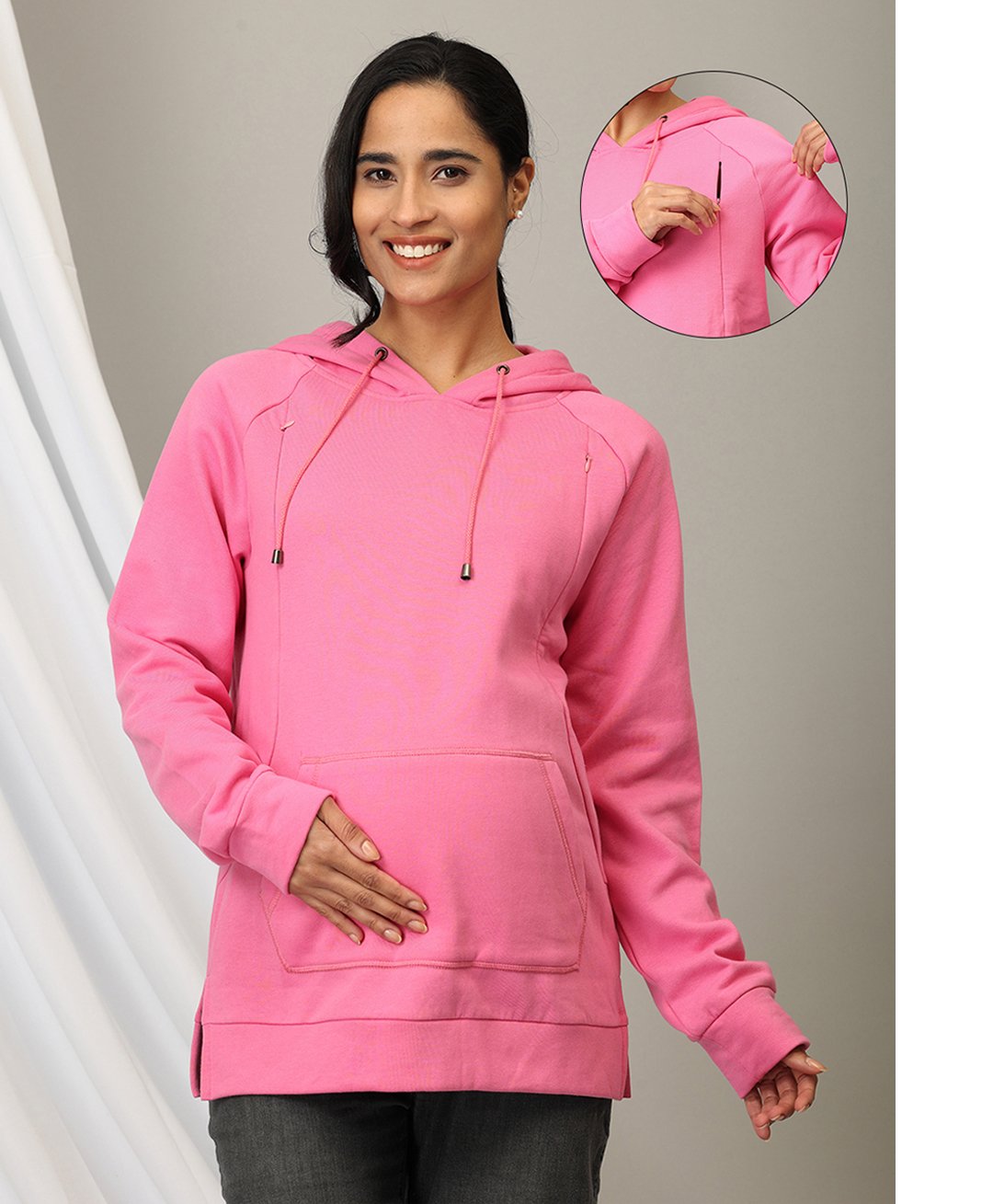 The Mom Store Cotton Full Sleeves Solid Maternity Hooded Sweatshirt With Nursing Access - Pink-picture-36