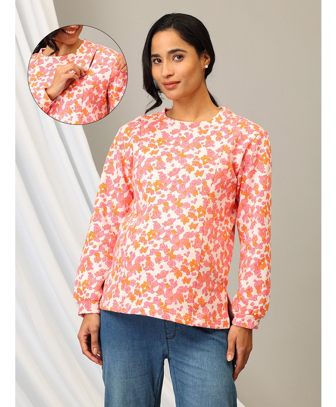 The Mom Store Cotton Full Sleeves Floral Printed Maternity Top With Nursing Access - Pink-picture-10