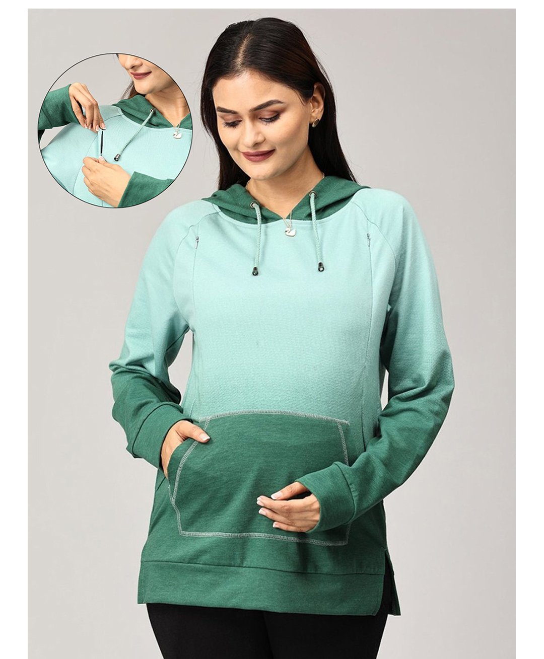 The Mom Store Full Sleeves Ombre Maternity Hoodie With Concealed Zipper Nursing Access - Green-picture-41