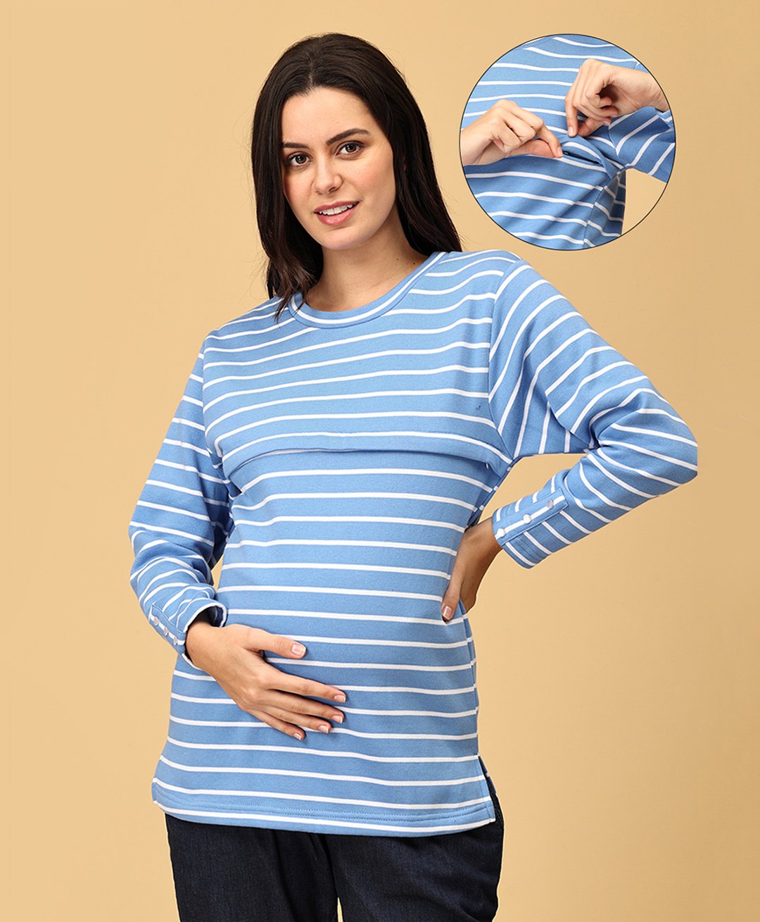 The Mom Store Full Sleeves Striped Maternity Sweatshirt With Concealed Zipper Nursing Access - Light Blue-image-25