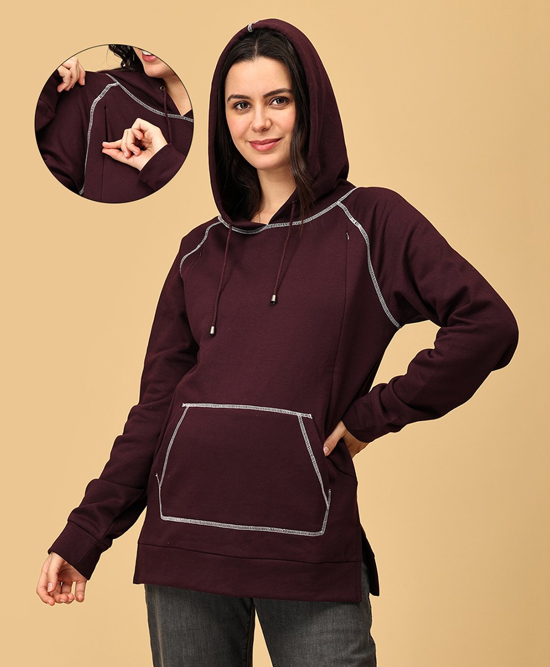 The Mom Store Full Sleeves Abstract Embroidered Maternity Hoodie With Concealed Zipper Nursing Access - Brown-image-30