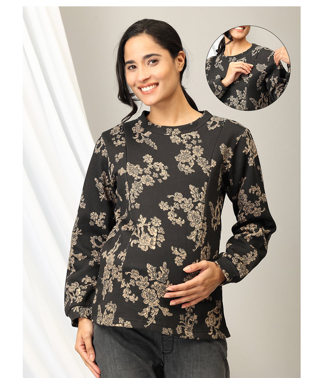 The Mom Store Full Sleeves Floral Printed Maternity Sweatshirt With Concealed Zipper Nursing Access - Black