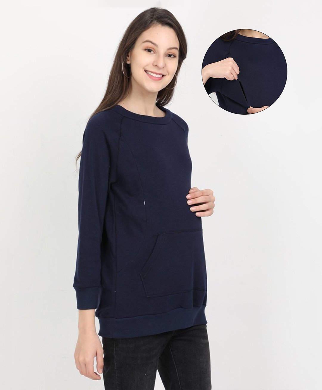 The Mom Store Cotton Full Sleeves Solid Maternity Sweatshirt With Zip Nursing Access - Navy Blue-picture-10