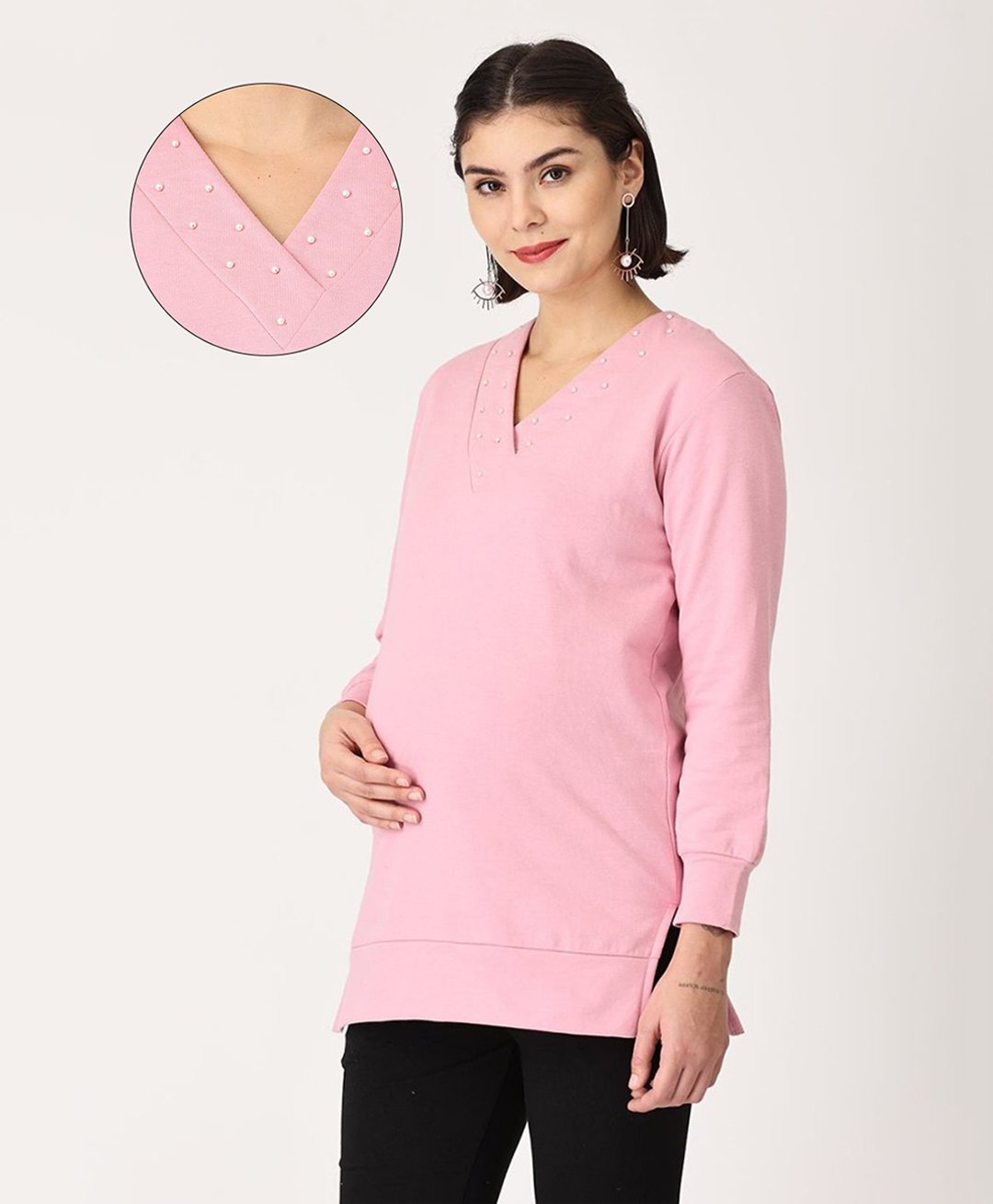 The Mom Store Cotton Full Sleeves Solid Maternity Sweatshirt With Zipless Nursing Access - Pink-picture-35