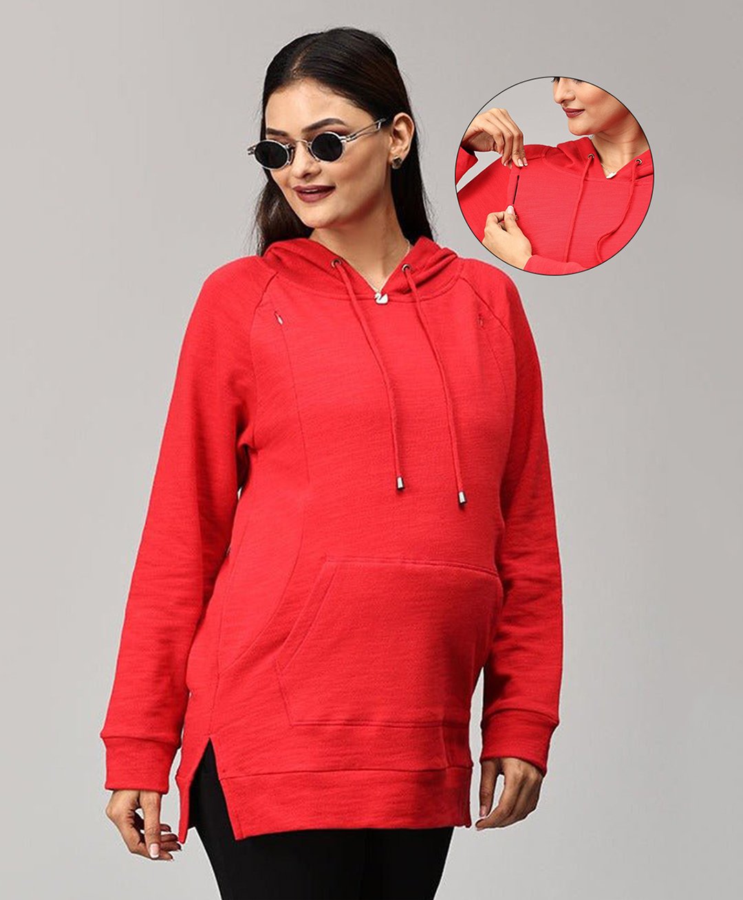 The Mom Store Cotton Full Sleeves Solid Maternity Hooded Sweatshirt With Zip Nursing Access - Red-image-24