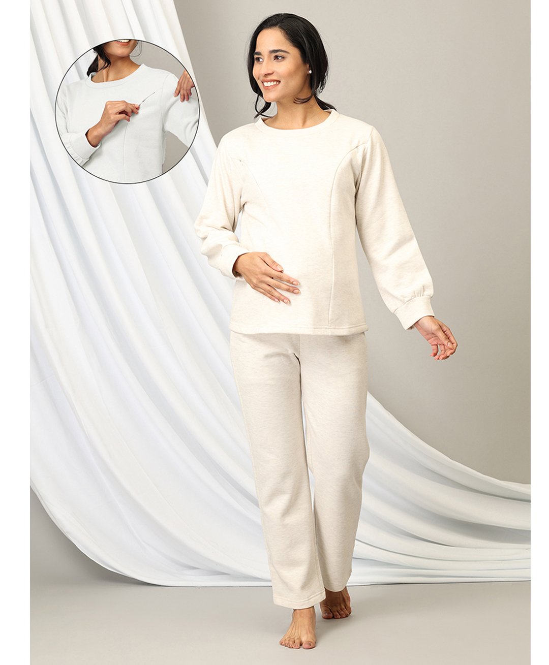 The Mom Store Cotton Full Sleeves Solid Coordinating Maternity Top With Nursing Access & Pajama Set - Off White-picture-41