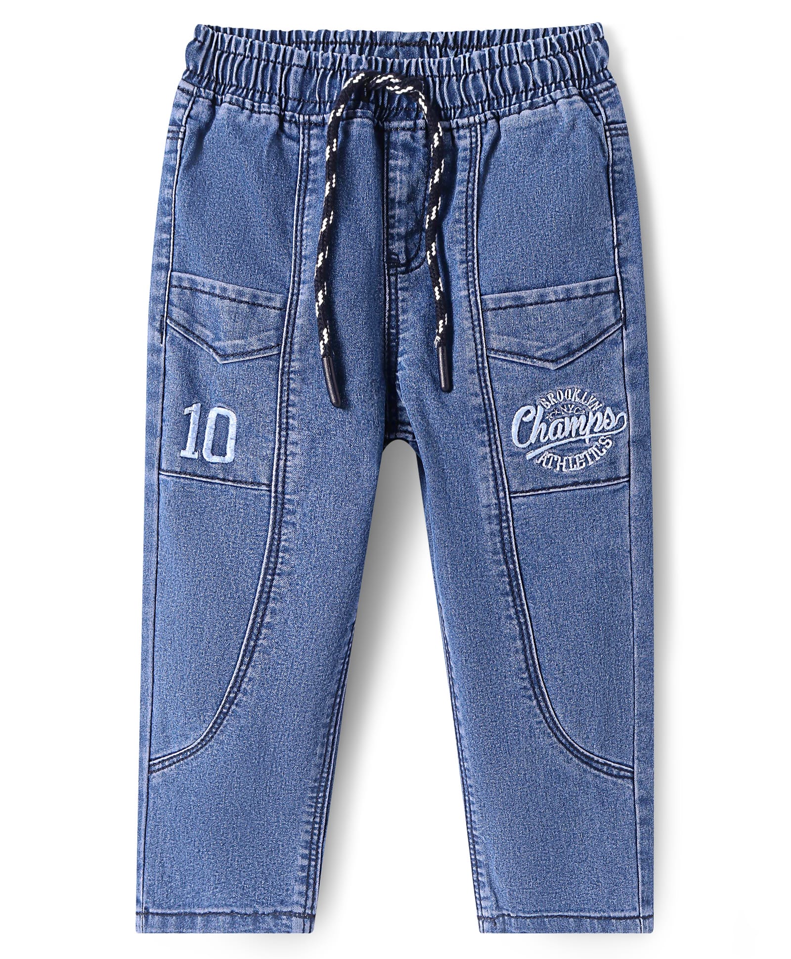 Babyhug Full Length Washed Denim Jeans with Champs Embroidery - Blue-picture-21