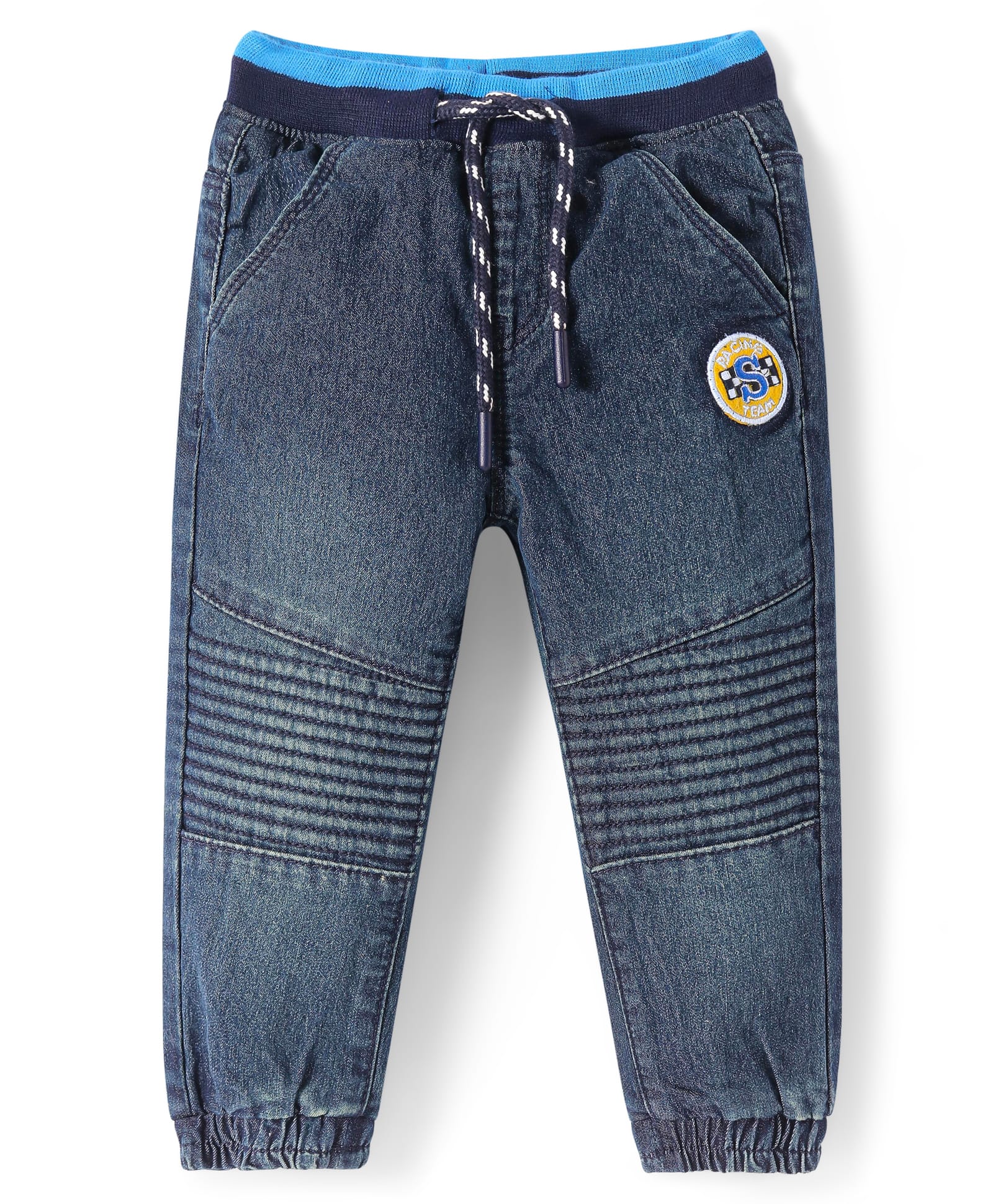 Babyhug Full Length Washed Denim Jeans with Patch Embroidery - Navy Blue-picture-10