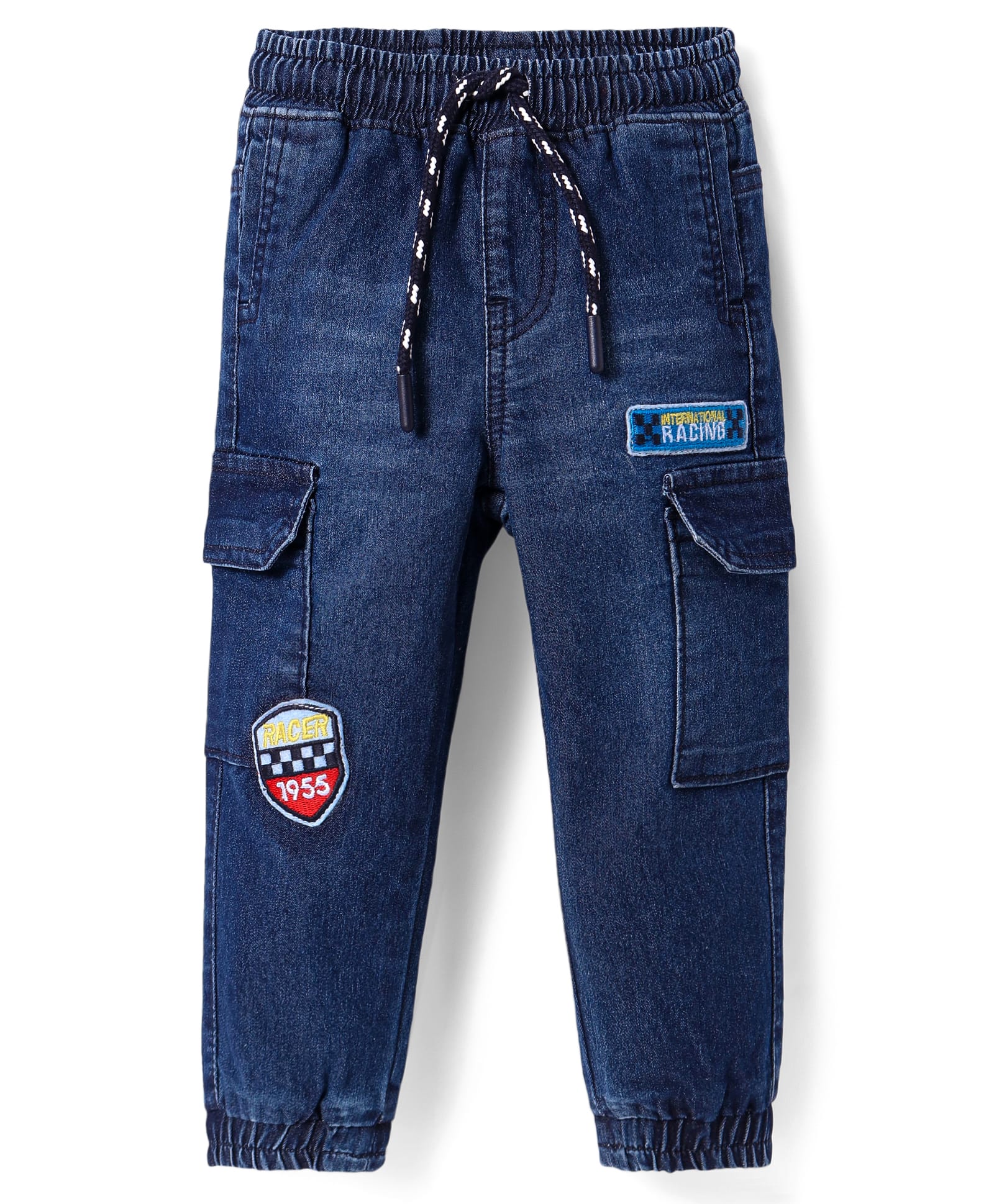 Babyhug Denim Washed Full Length Jeans With StretchCargo Pockets & Embroidered Patches - Navy Blue-image-16