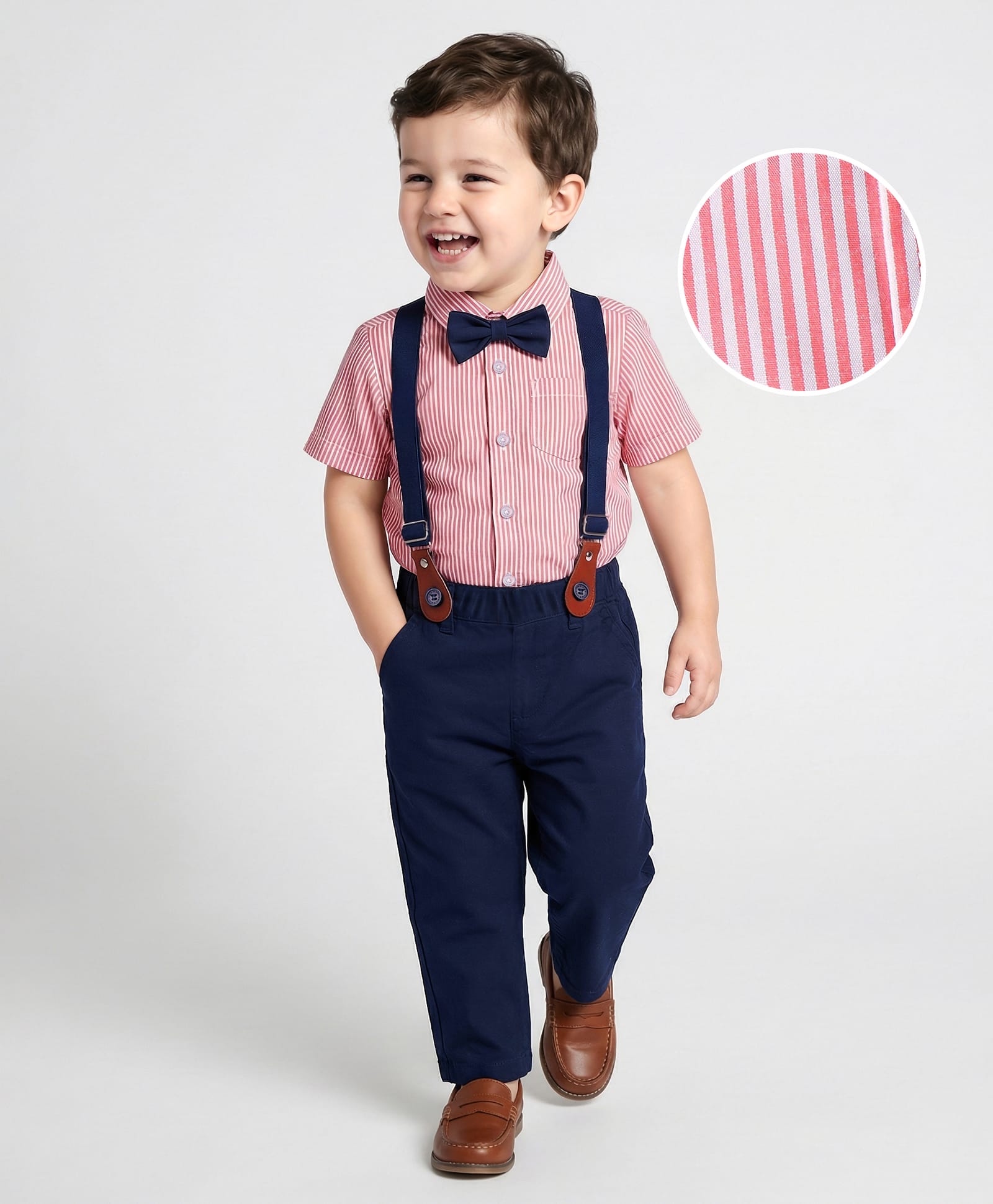 Kookie Kids Half Sleeves Party Wear Striped Shirt & Bottom Set With Suspender & Bow Detailing -Multicolor-image-45