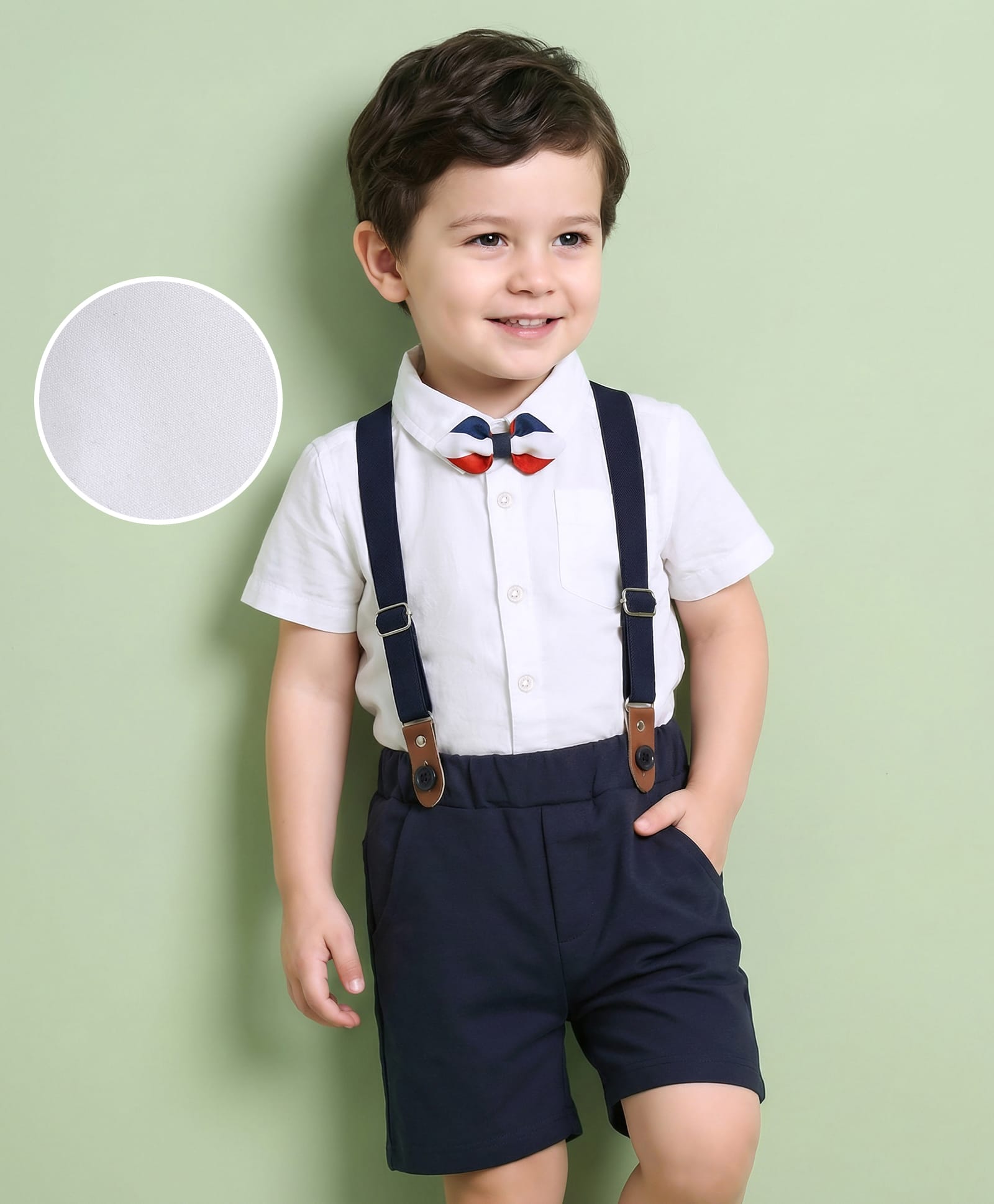 Kookie Kids Half Sleeves Party Wear Shirt & Shorts Set with Suspender & Bow Detailing - White & Navy Blue