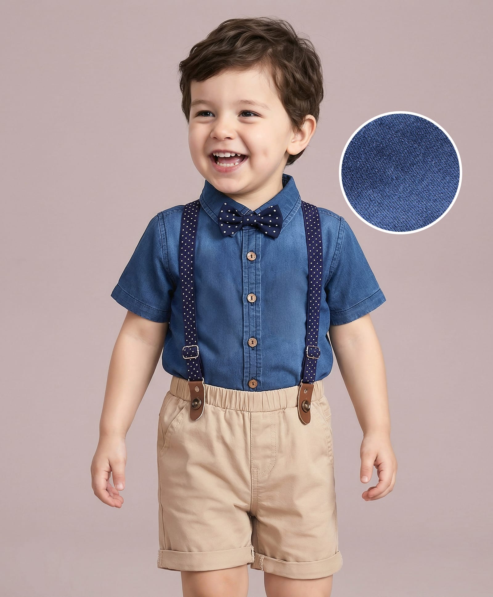Mark & Mia Half Sleeves Solid Color Denim Shirt & Shorts with Suspender & Bow - Blue-picture-15