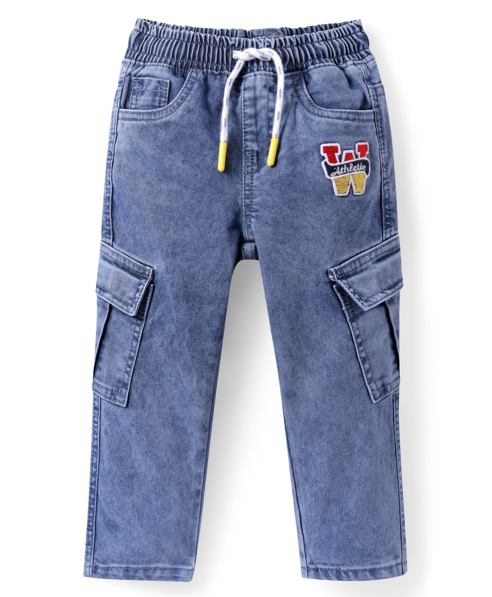 Babyhug Full Length Denim Jeans With W Embroidery & Cargo Pockets - Blue-image-41
