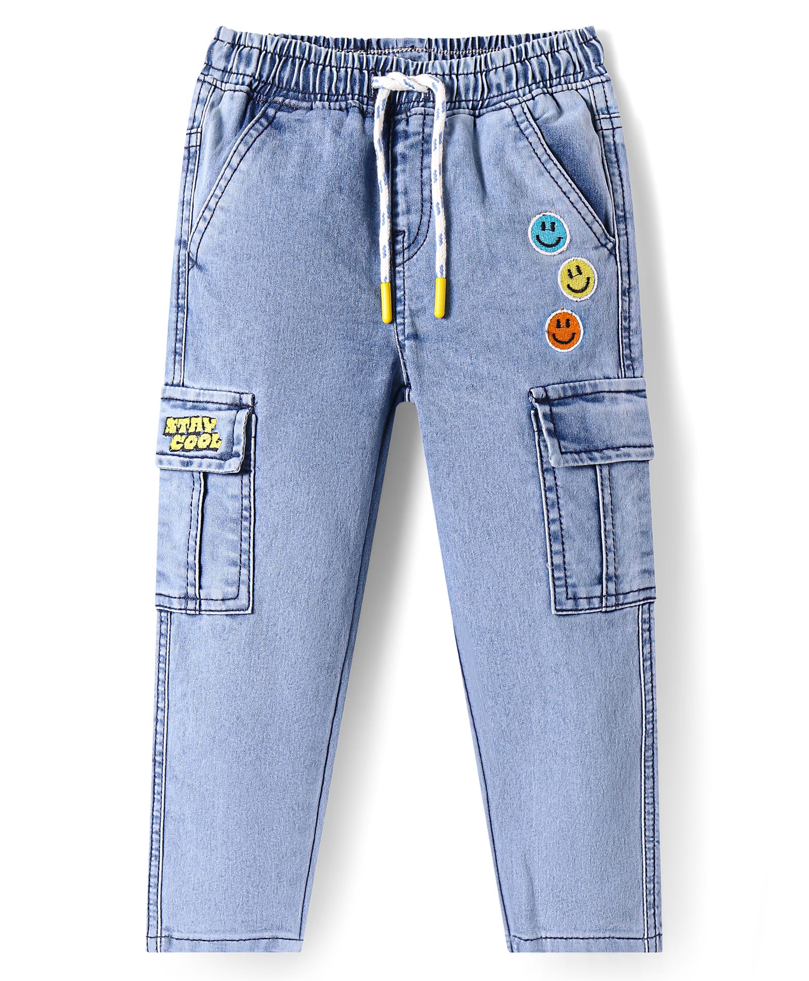 Babyhug Full Length Washed Denim Jeans with SmileyEmbroidery - Light Blue-picture-21