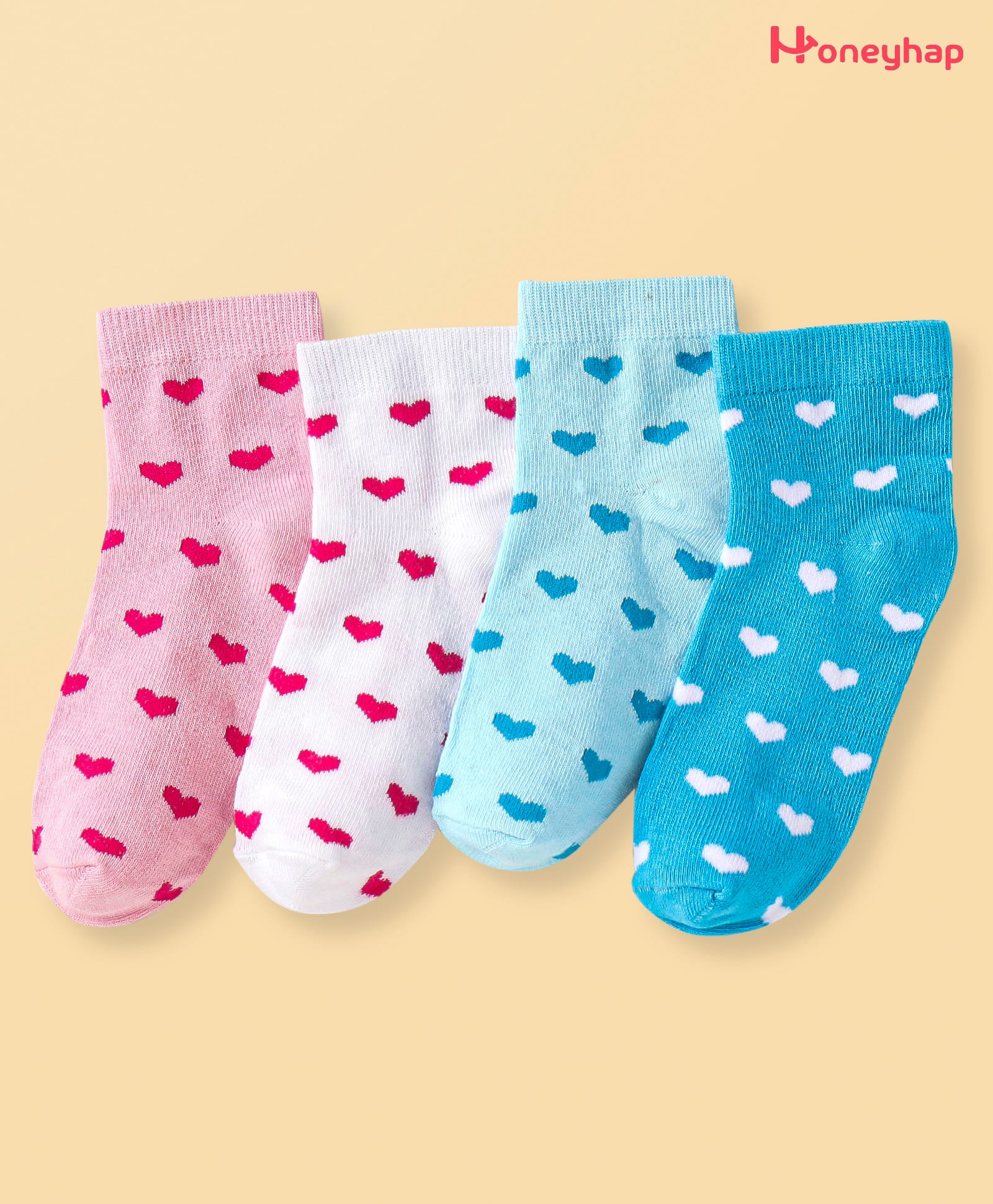 Honeyhap Premium Cotton Knit Bamboo Spandex Ankle Length Bio Finish Socks with Hearts Design Pack of 4 - Blue Pink White & Sky Blue-picture-25