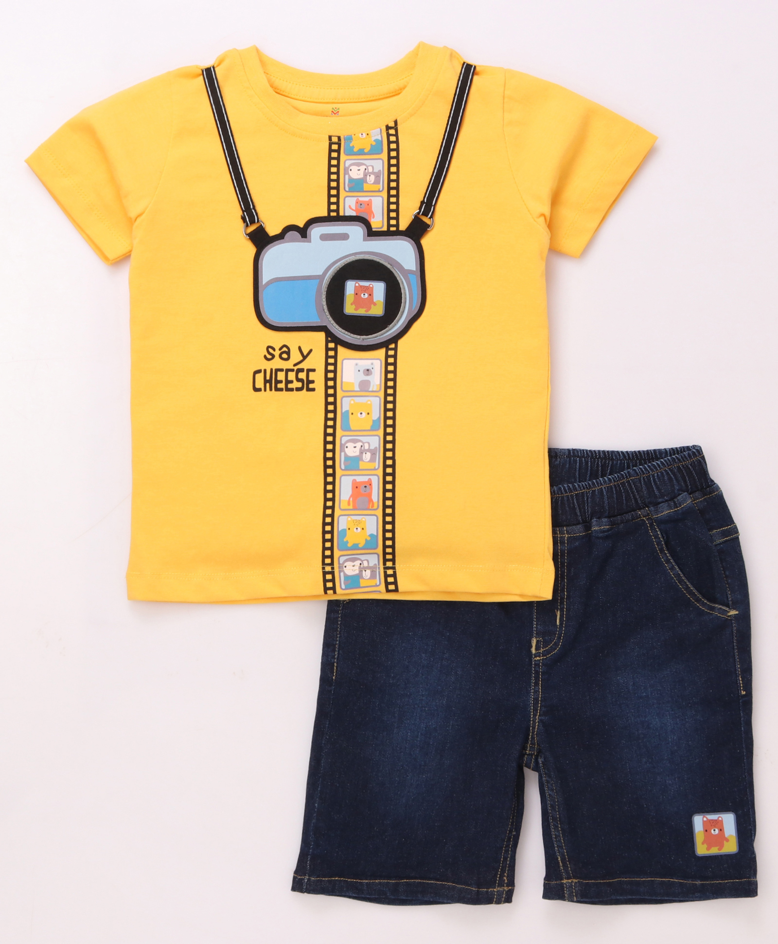 Mark & Mia Half Sleeves T-Shirt and Denim Shorts Set with Graphics & Camera Applique - Yellow & Blue-image-22