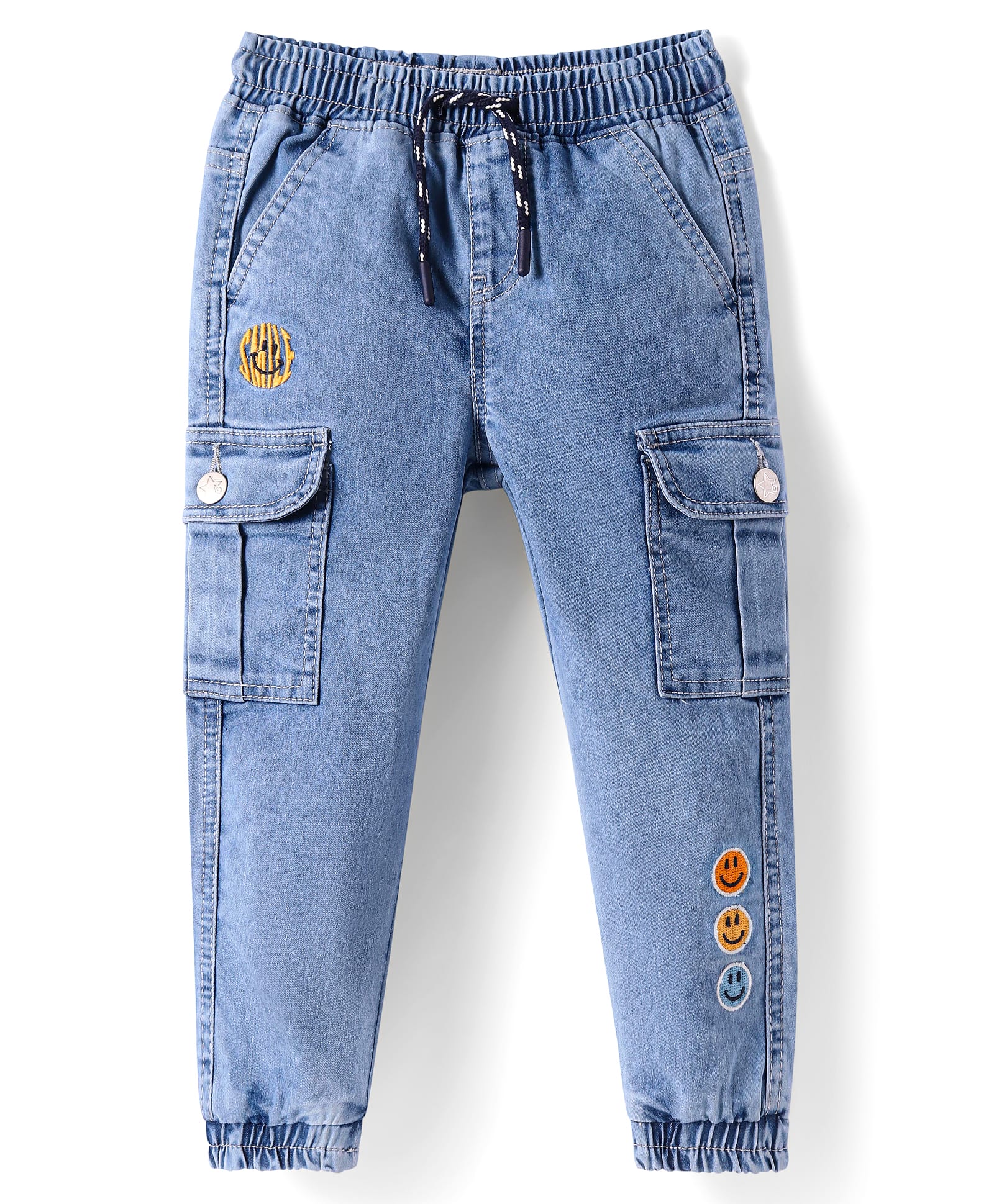 Babyhug Full Length Washed Denim Jeans with Smiley Embroidery - Blue-image-37