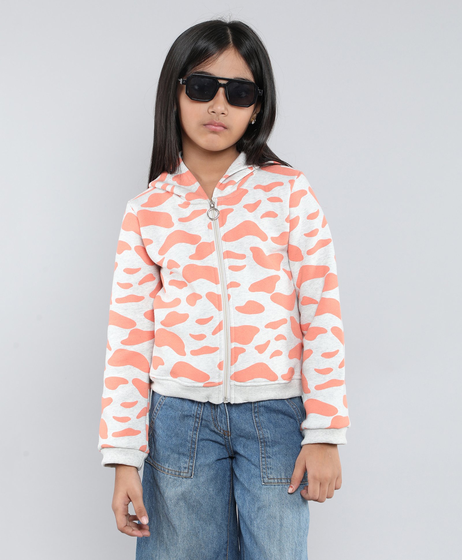 Taffykids Fleece Full Sleeves Animal Printed Zip Up Hoodie - Peach & Grey-picture-12