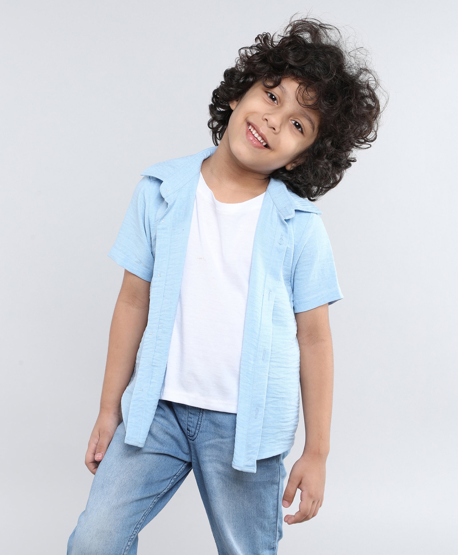 Taffykids Twill Half Sleeves Solid Shirt With Attached Tee - Blue & White-picture-27