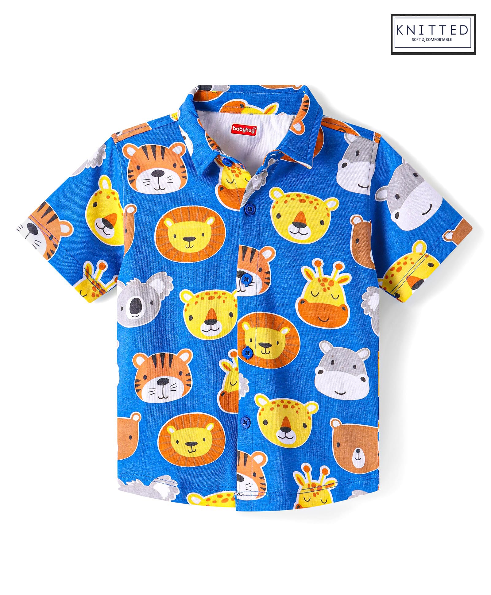 Babyhug Cotton Knit Half Sleeves Shirt with Animals Print- Blue-image-20
