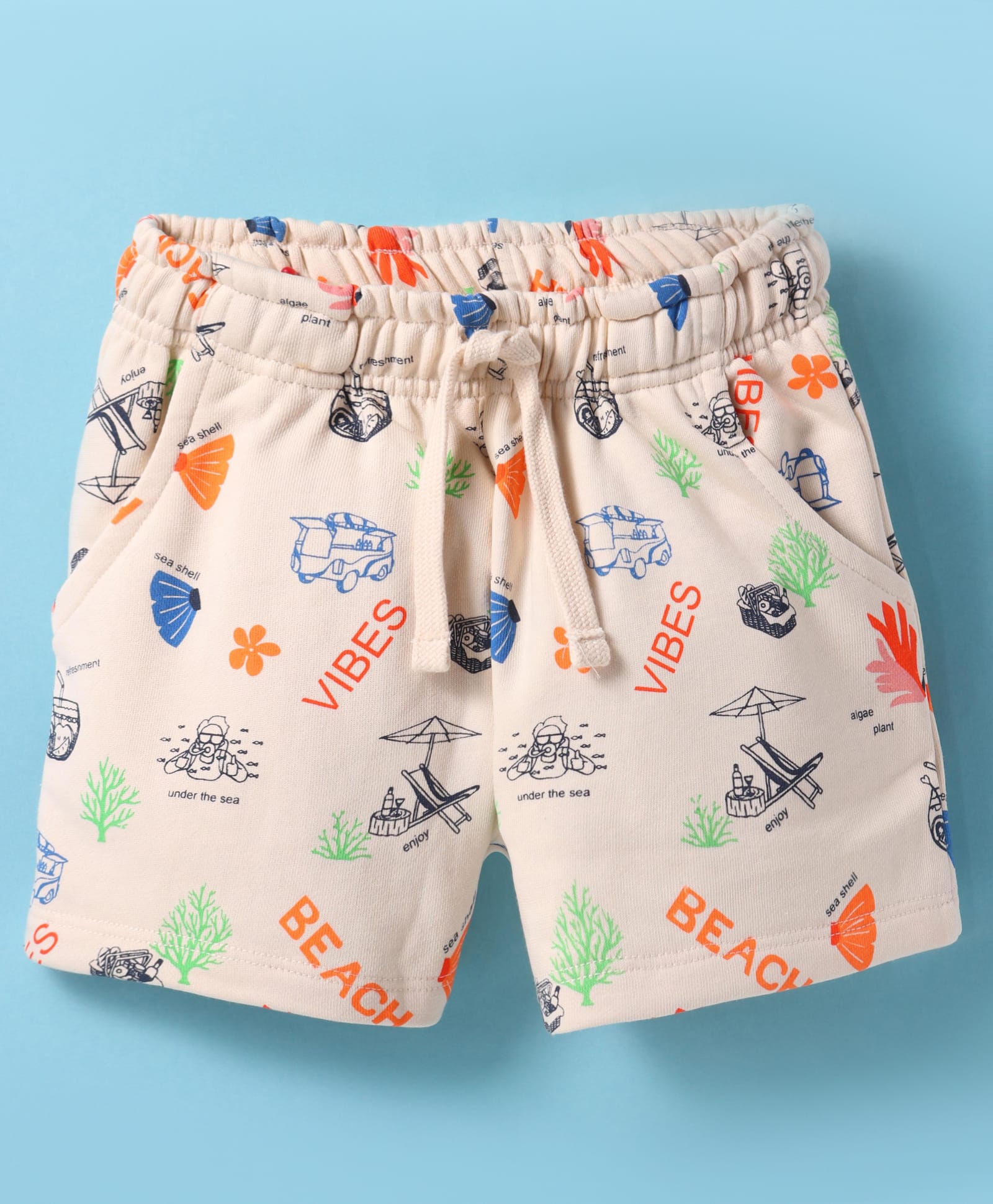 Doreme Terry Knit Knee Length Shorts With Vibes Print - Cream-picture-23