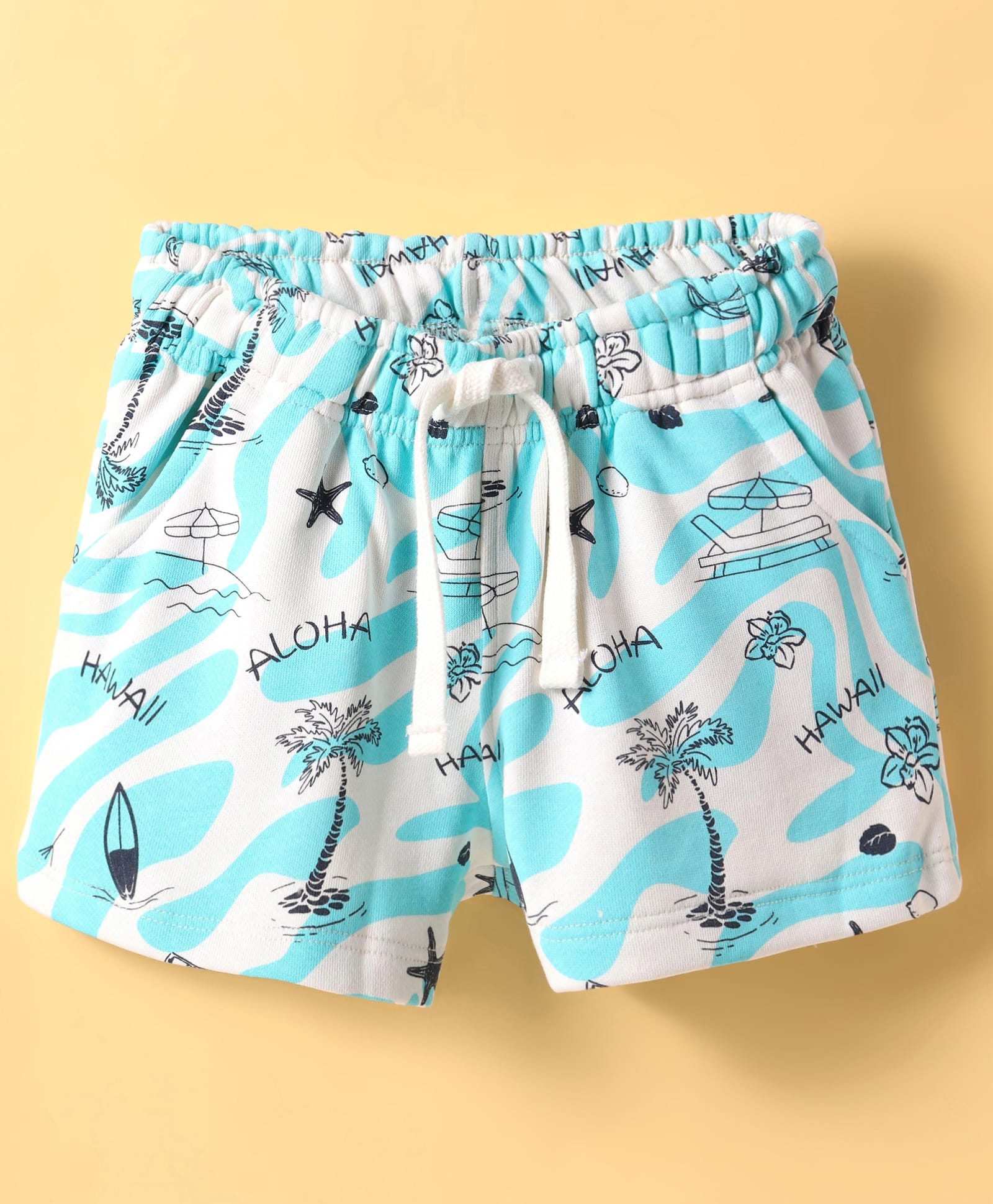 Doreme Terry Knit Knee Length Shorts With Tropical Theme Print - Light Blue & White-picture-25