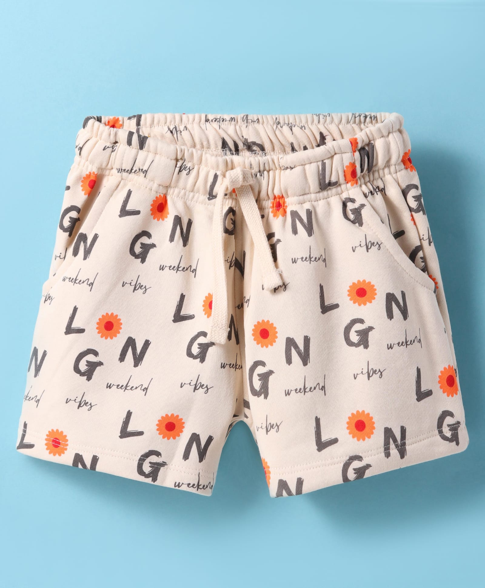 Doreme Terry Knit Knee Length Shorts With Text Print - Cream-picture-27