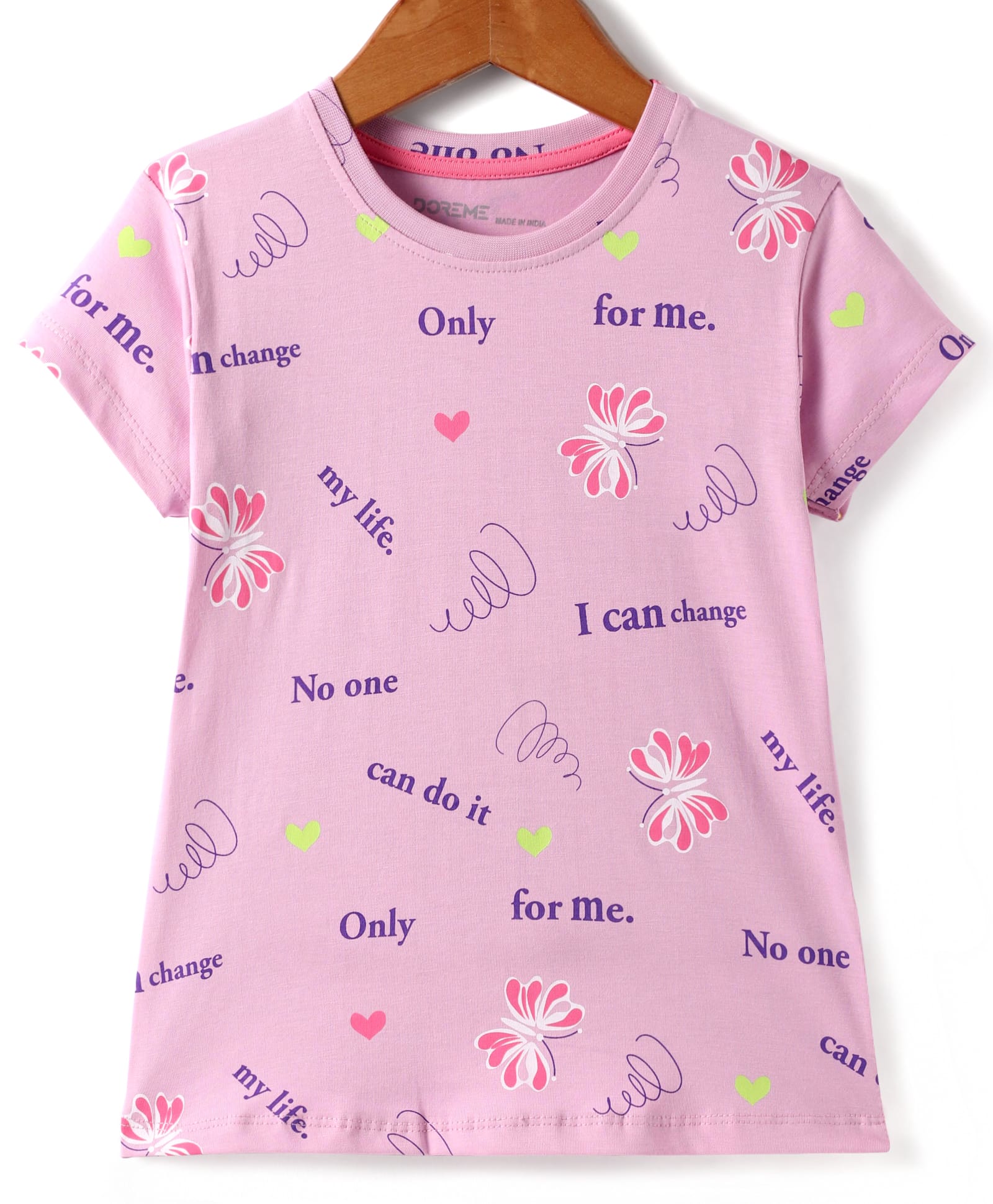 Doreme Cotton Knit Half Sleeves T-Shirt With Butterfly & Text Print - Lilac-image-17