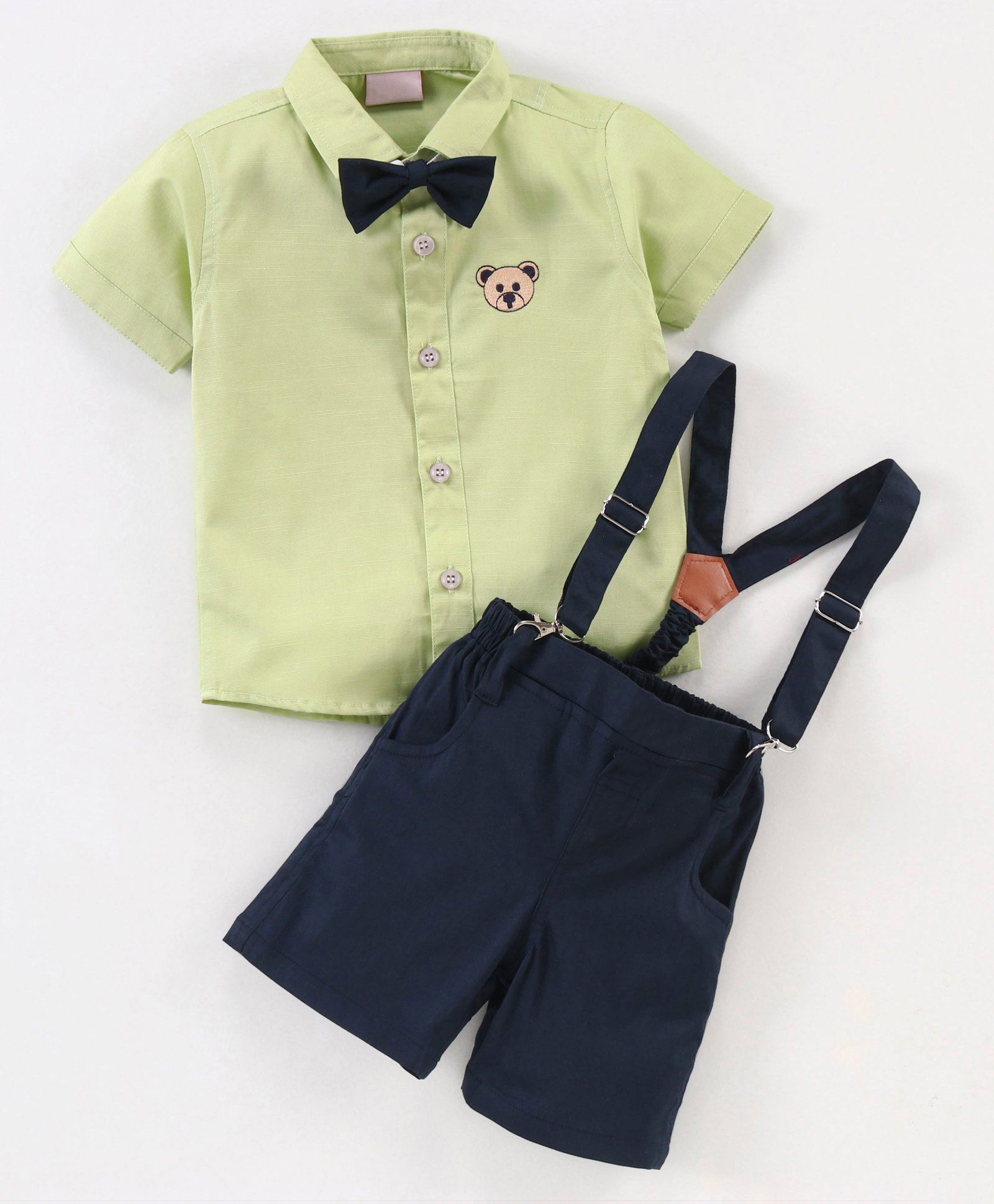 Mark & Mia Half Sleeves Partywear Shirt & Cotton Lycra Shorts Set with Bow & Suspender Teddy Embroidered -Light Green & Navy Blue-picture-25