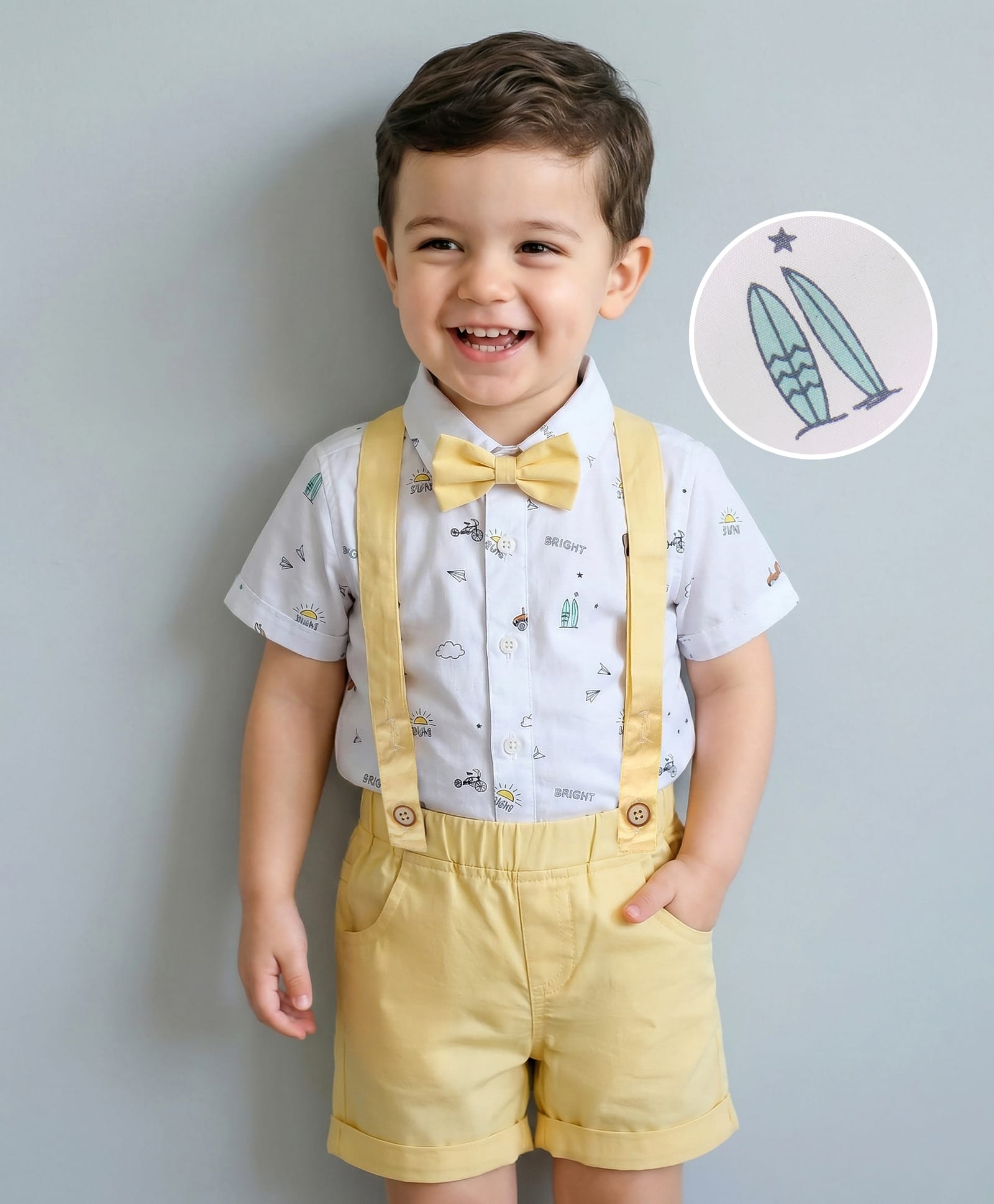 Mark & Mia Cotton Knit Half Sleeves Beach Theme Printed Shirt & Shorts Set with Suspender & Bow - White & Yellow-picture-27