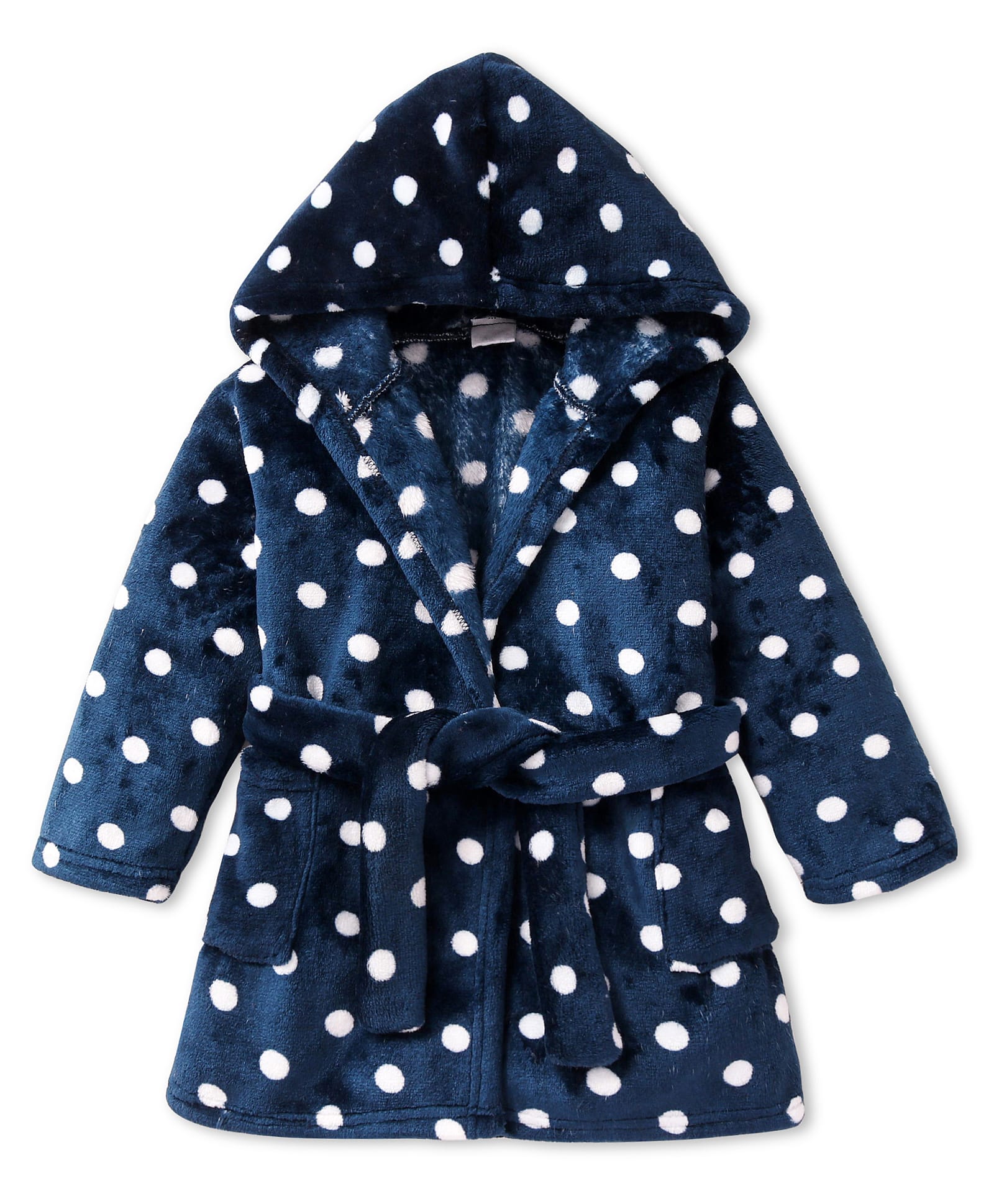 Babyhug Velour Knit Full Sleeves Hooded Bath Robe With Elastic At Waist & Polka Dot Print - Navy Blue-image-27