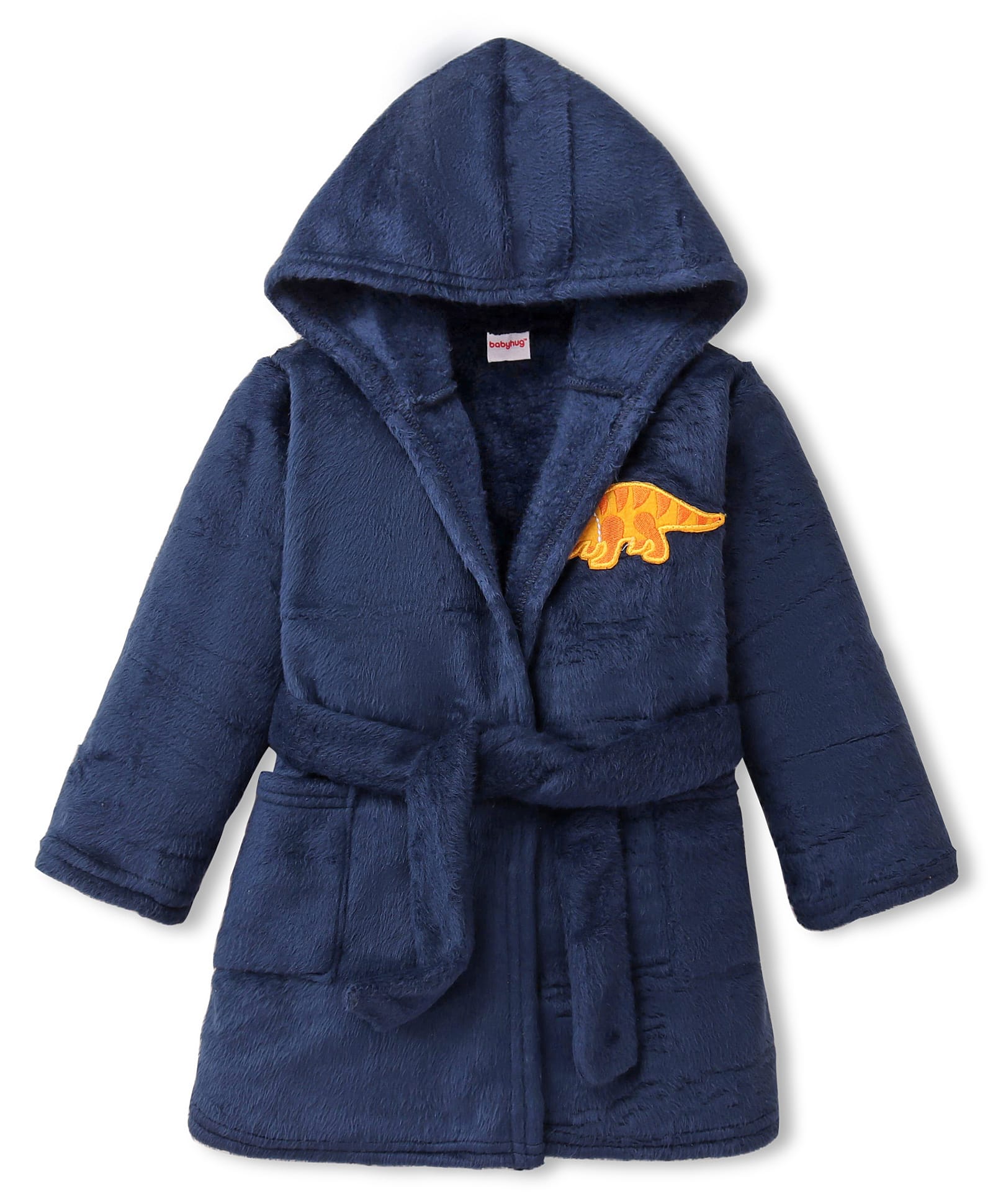 Babyhug Velour Knit Full Sleeves Hooded Bath Robe With Elastic At Waist & Dino Patch - Navy Blue-image-34