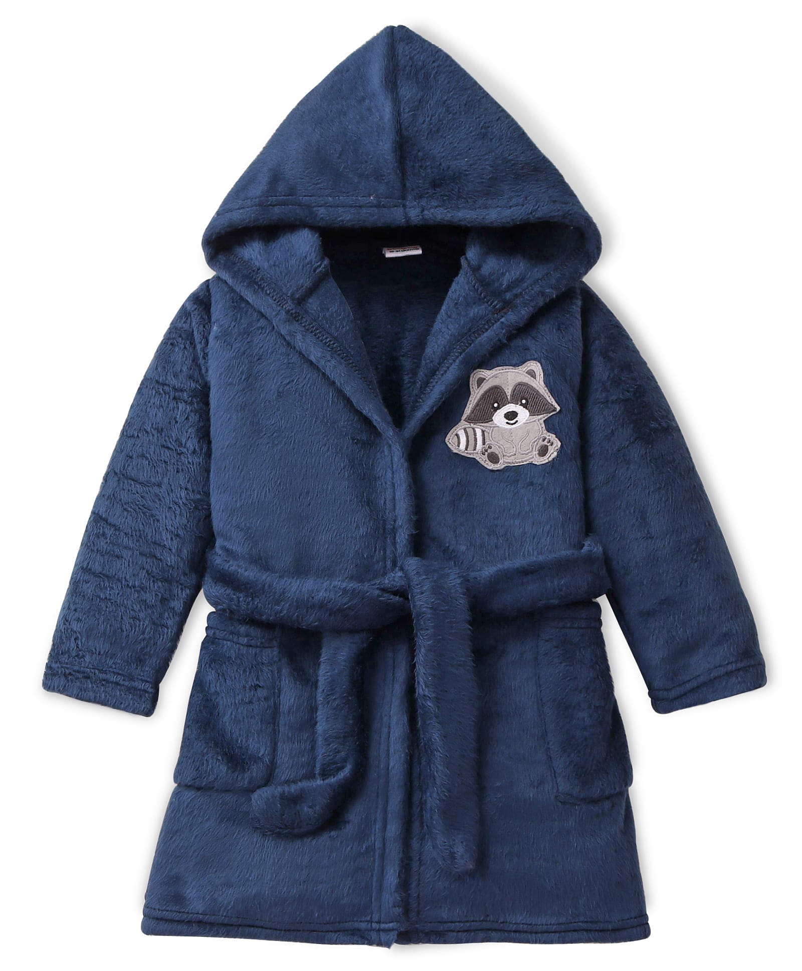 Babyhug Velour Knit Full Sleeves Hooded Bath Robe With Elastic At Waist & Raccoon Patch - Navy Blue-image-15