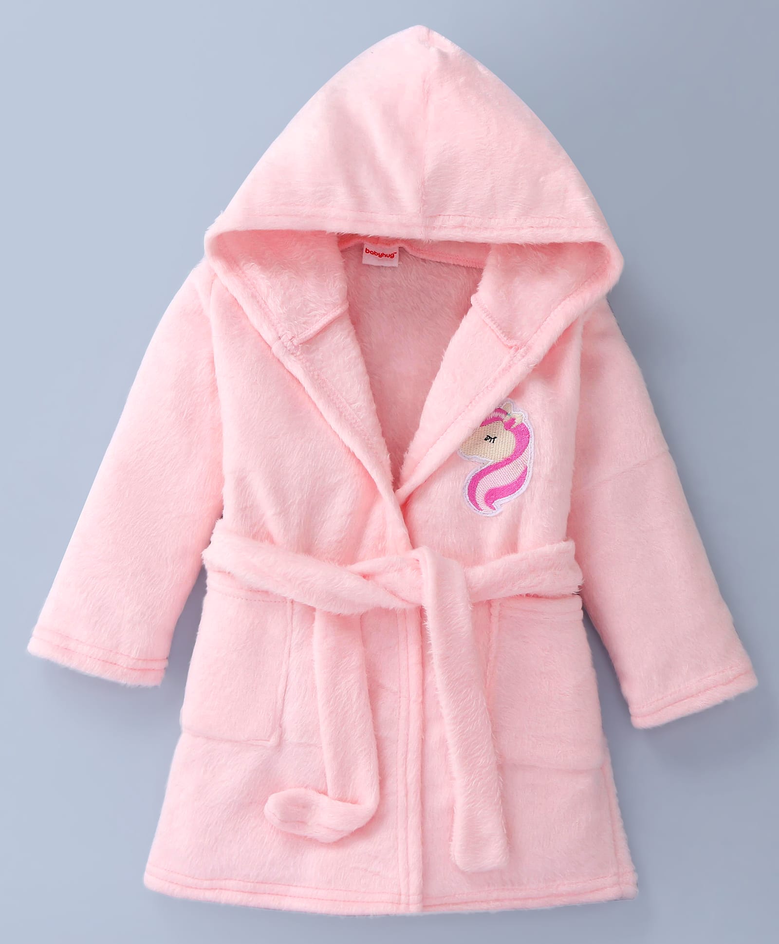 Babyhug Velour Knit Full Sleeves Hooded Bath Robe With Elastic on Waist & Unicorn Embroidery - Pink-image-30