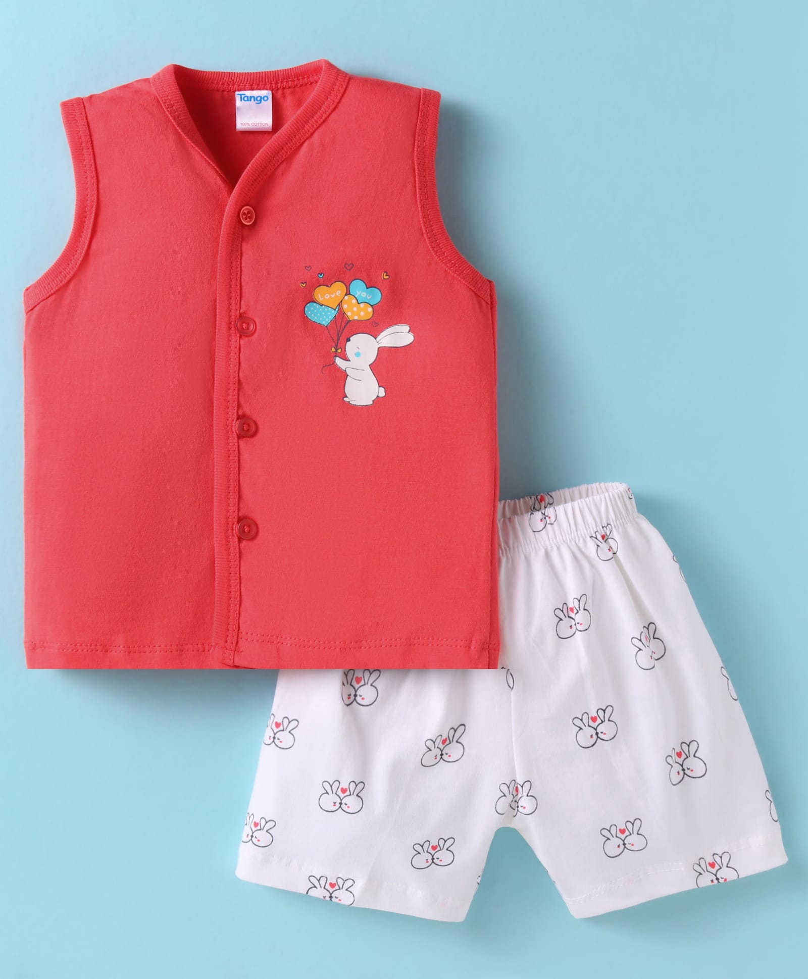 Tango Single Jersey Knit Sleeveless Shorts Night Suit With Bunny Print - Red-picture-27