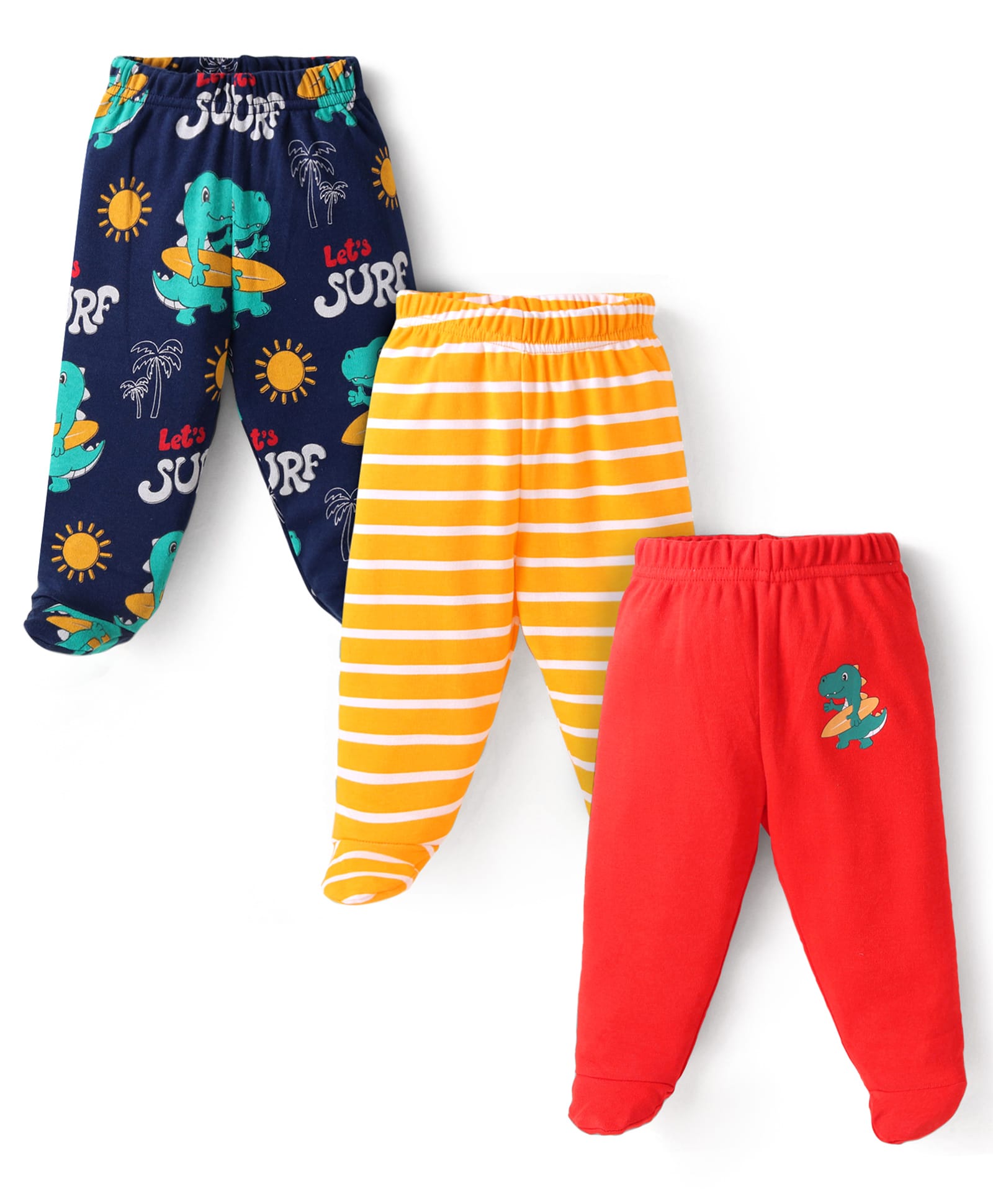Babyhug Interlock KnitFooted Leggings with Stripes Design &Dino Print Pack of 3 - Navy Blue Yellow & Red-image-0