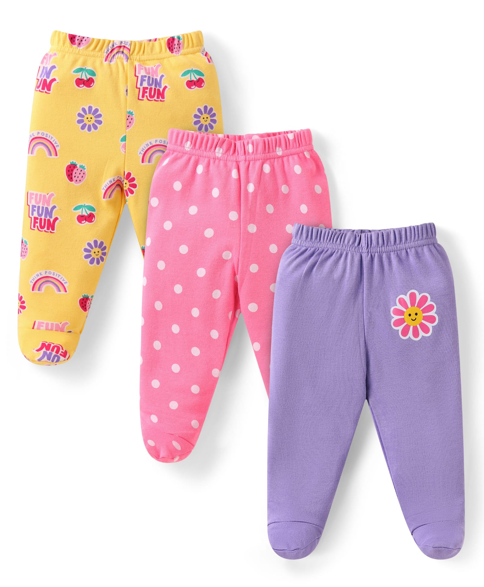 Babyhug Interlock Knit Footed Leggings with Polka Dots Floral & Rainbow Print Pack of 3 - Yellow Pink & Lilac-image-40
