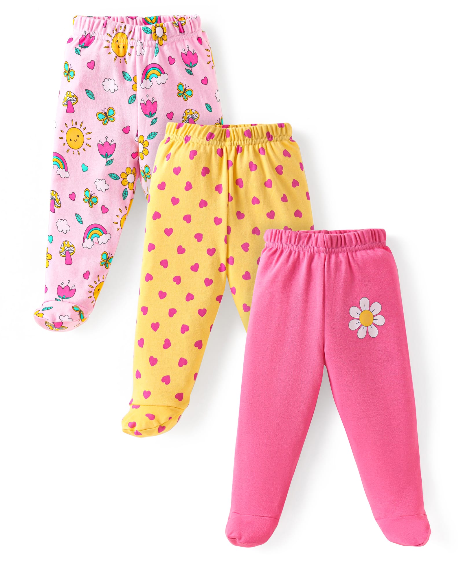 Babyhug Cotton Knit Full Length Bootie Leggings with Floral & Hearts Print Pack of 3 - Pink Yellow & Light Pink-image-25