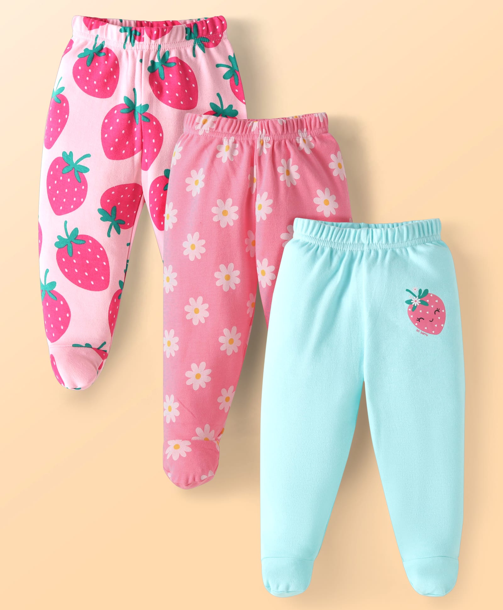 Babyhug Cotton Knit Full Length Bootie Leggings with Floral & Strawberry Print Pack of 3 - Pink & Light Blue-image-9