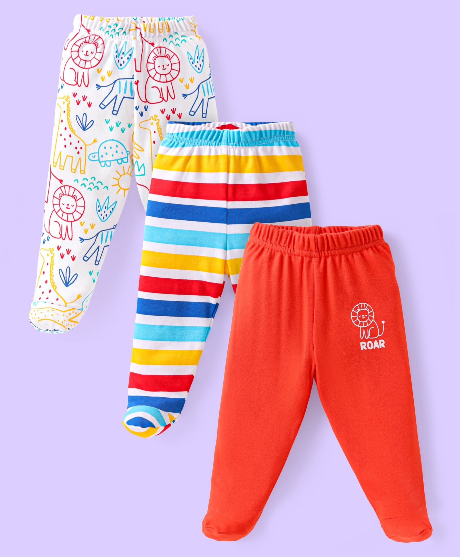 Babyhug Cotton Knit Full Length Bottie Leggings with Strips & Animal Print Pack of 3 - Red White & Light Blue-picture-15