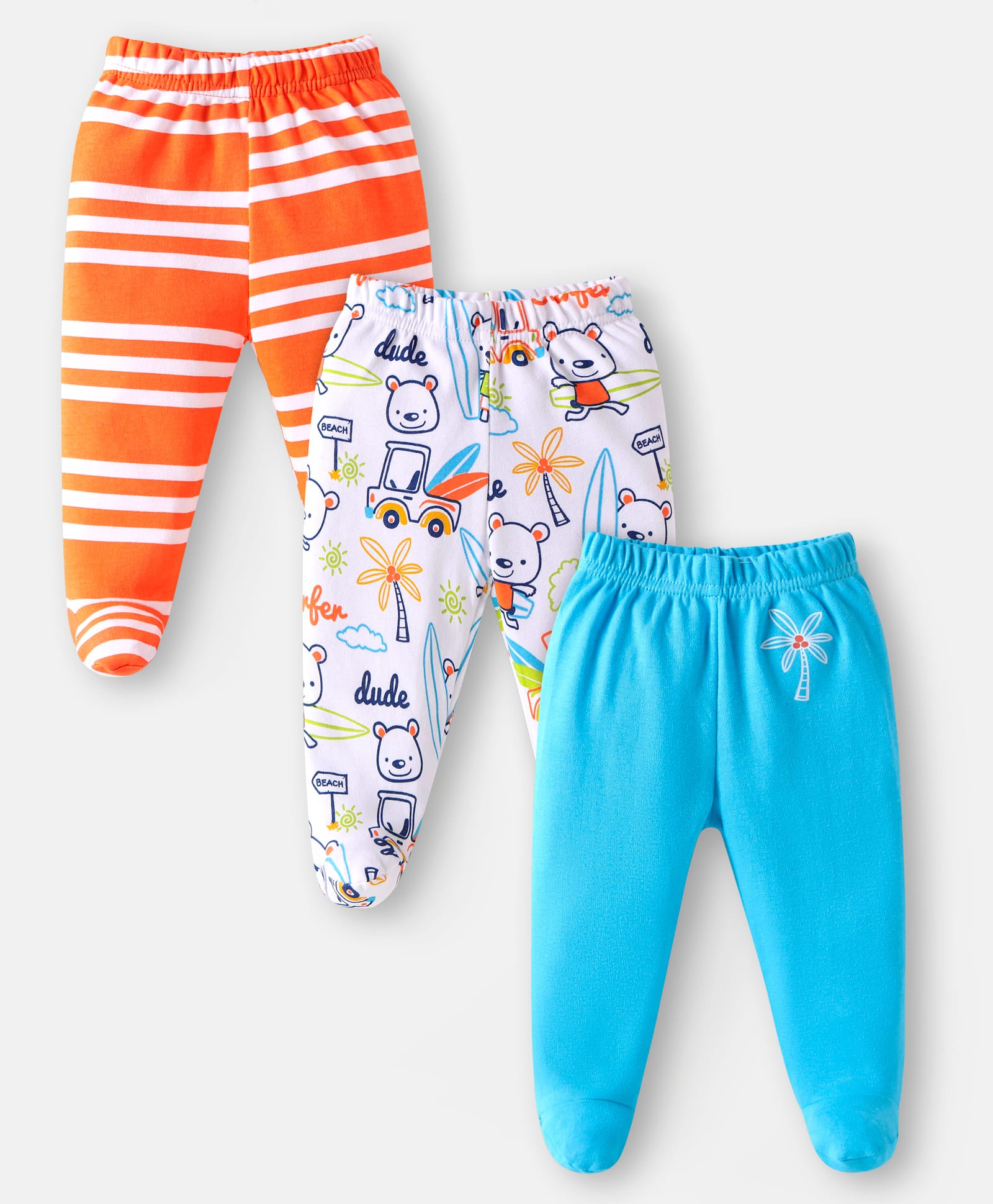 Babyhug Interlock Knit Bootie Leggings with Beach Theme Print & Stripes Pack of 3 - Orange White & Blue-picture-24